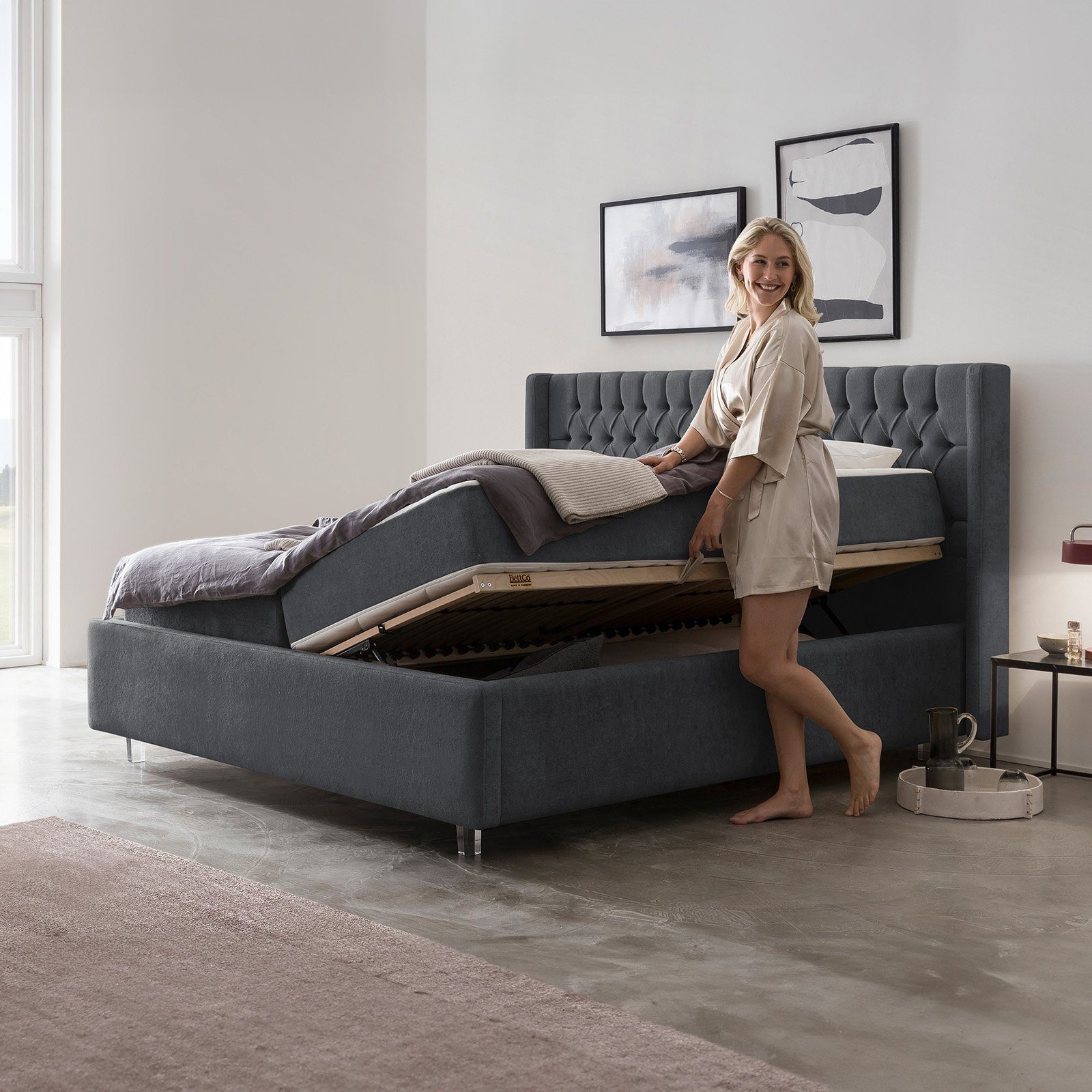 BettCo Stauraumbett Polsterbett mit Bettkasten Florida (in Dunkelgrau Teddystoff, 140 x 200 cm), mit Lattenrost, Acryl-Füße