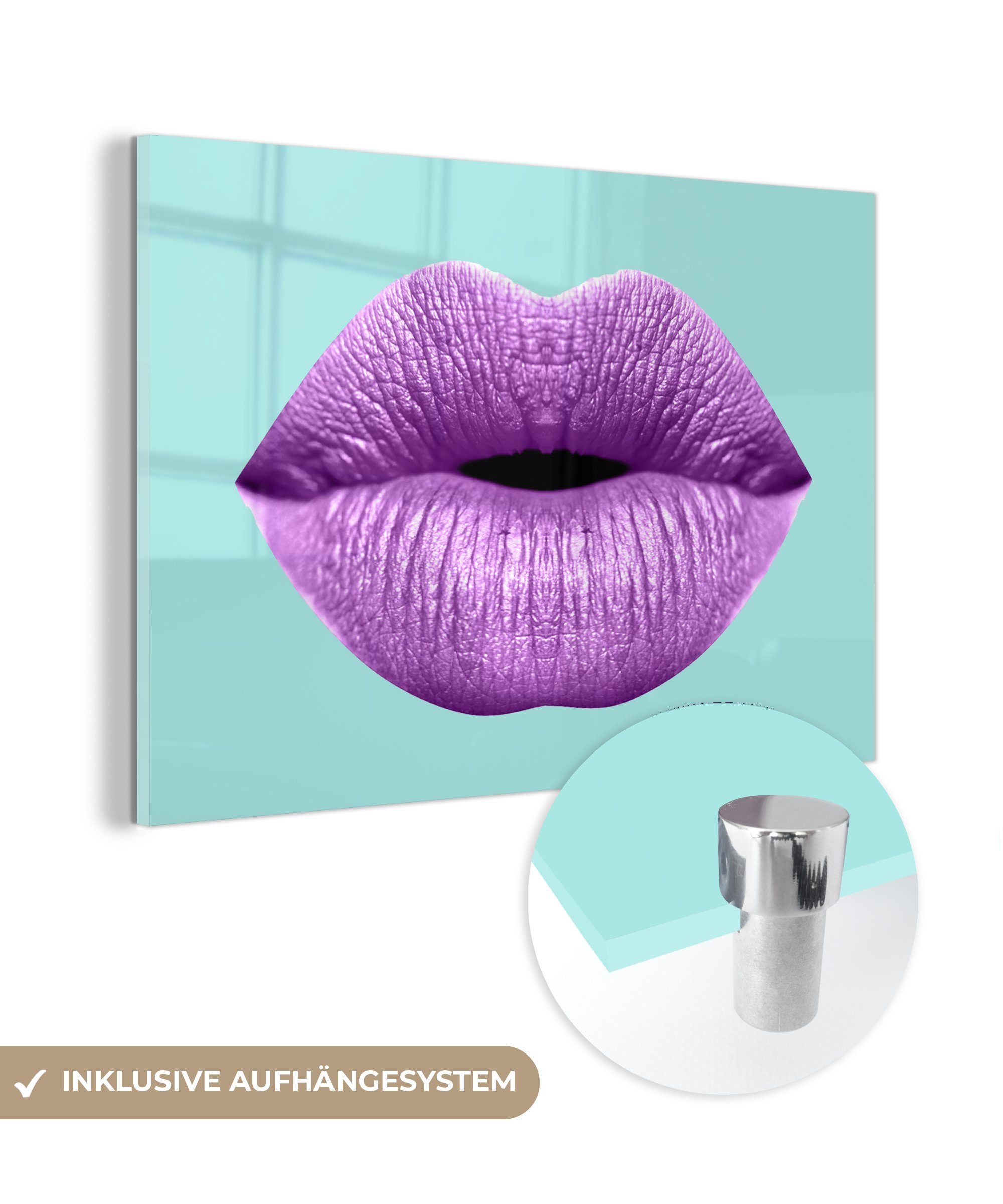 Bilder - auf - Lippen - Wanddekoration (1 Pastell MuchoWow Glas Foto Acrylglasbild Lila, Glas Wandbild Glasbilder - auf St), -