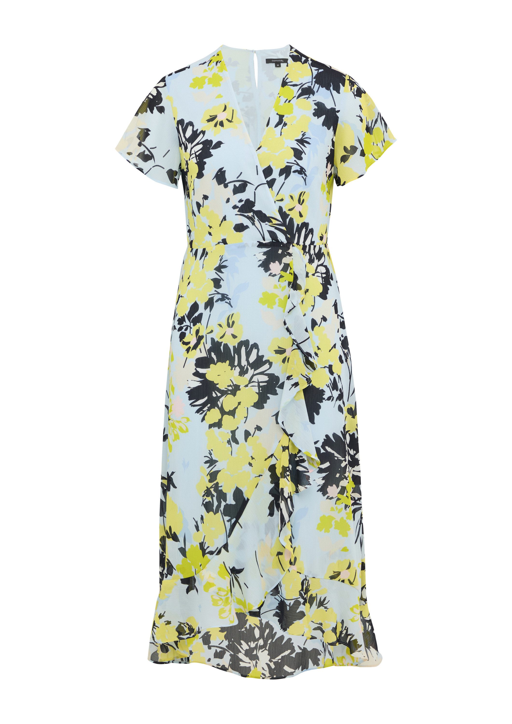 comma Midikleid Kleid Antailliertes Midikleid mit Volants und All-over-Prin günstig online kaufen