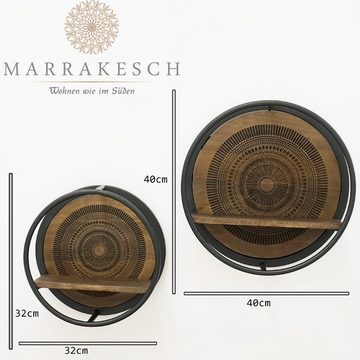 Marrakesch Orient & Mediterran Interior Deko-Wandregal 2er Set Wandregal Rund aus Metall & Holz 40 / 32cm, Hängeregal Astus