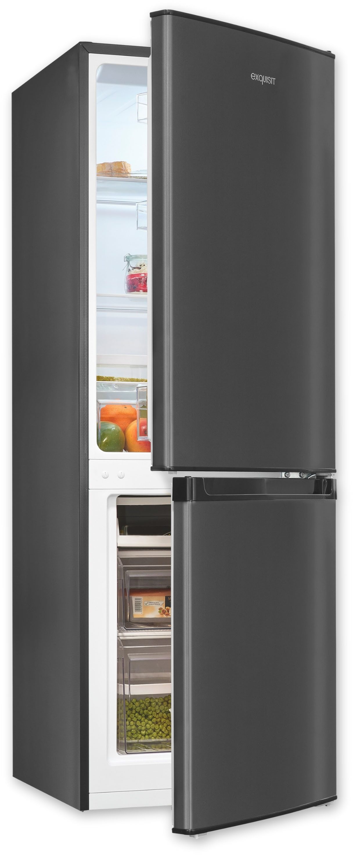 exquisit Kühl-/Gefrierkombination KGC232-60-E-040C inoxlook-az, 142,5 cm hoch, 49,5 cm breit, Platzsparend 173 l, flexibel, leise, effizient, LED, 4*-Gefrierfach