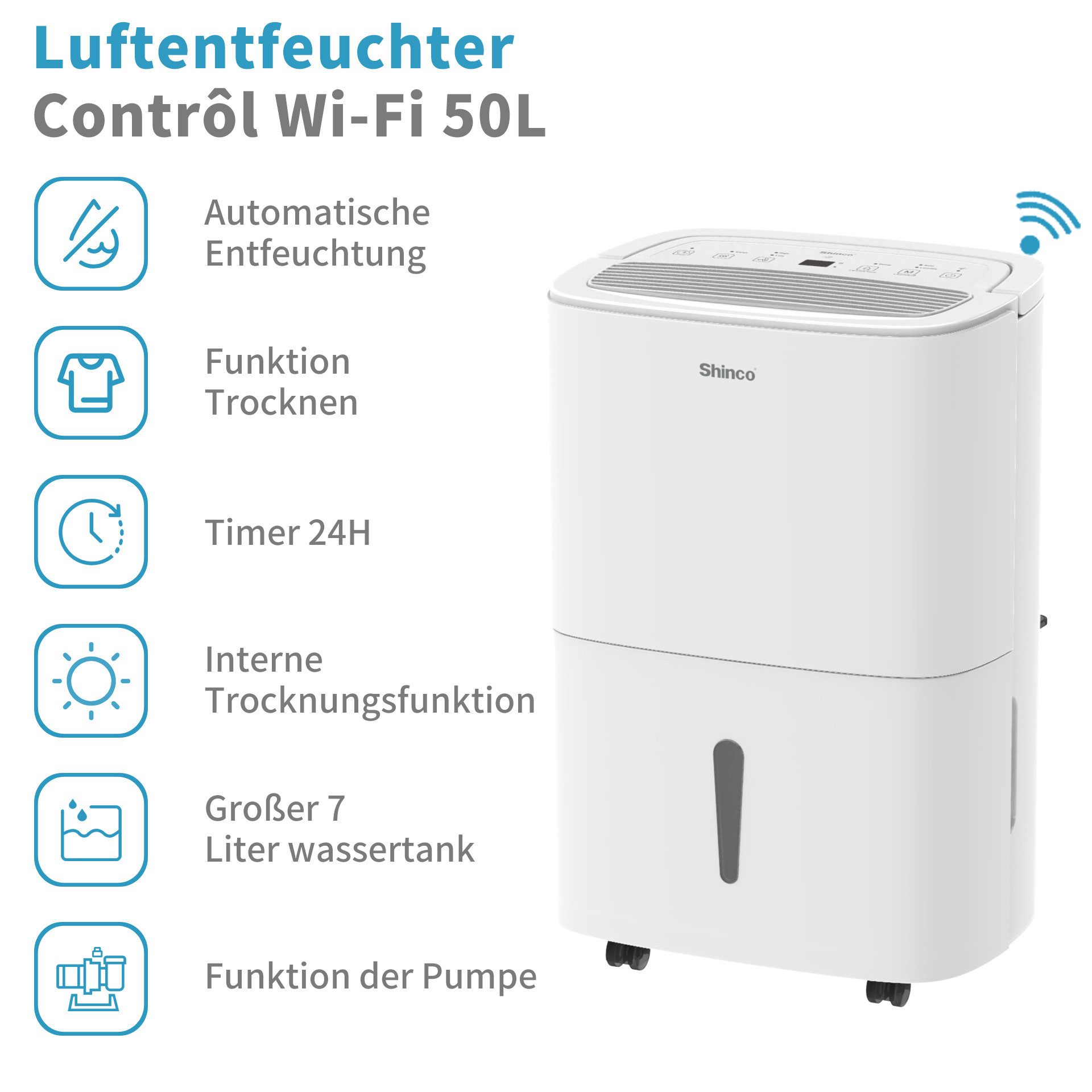 Shinco Luftentfeuchter Luftentfeuchter Elektrisch 50L, Entfeuchter für 165m³, Wifi, Pump, für 165 m³ Räume, Entfeuchtung 50 l/Tag, Tank 7 l, 50L elektrischer Luftentfeuchter, für 165m³, pump, wifi
