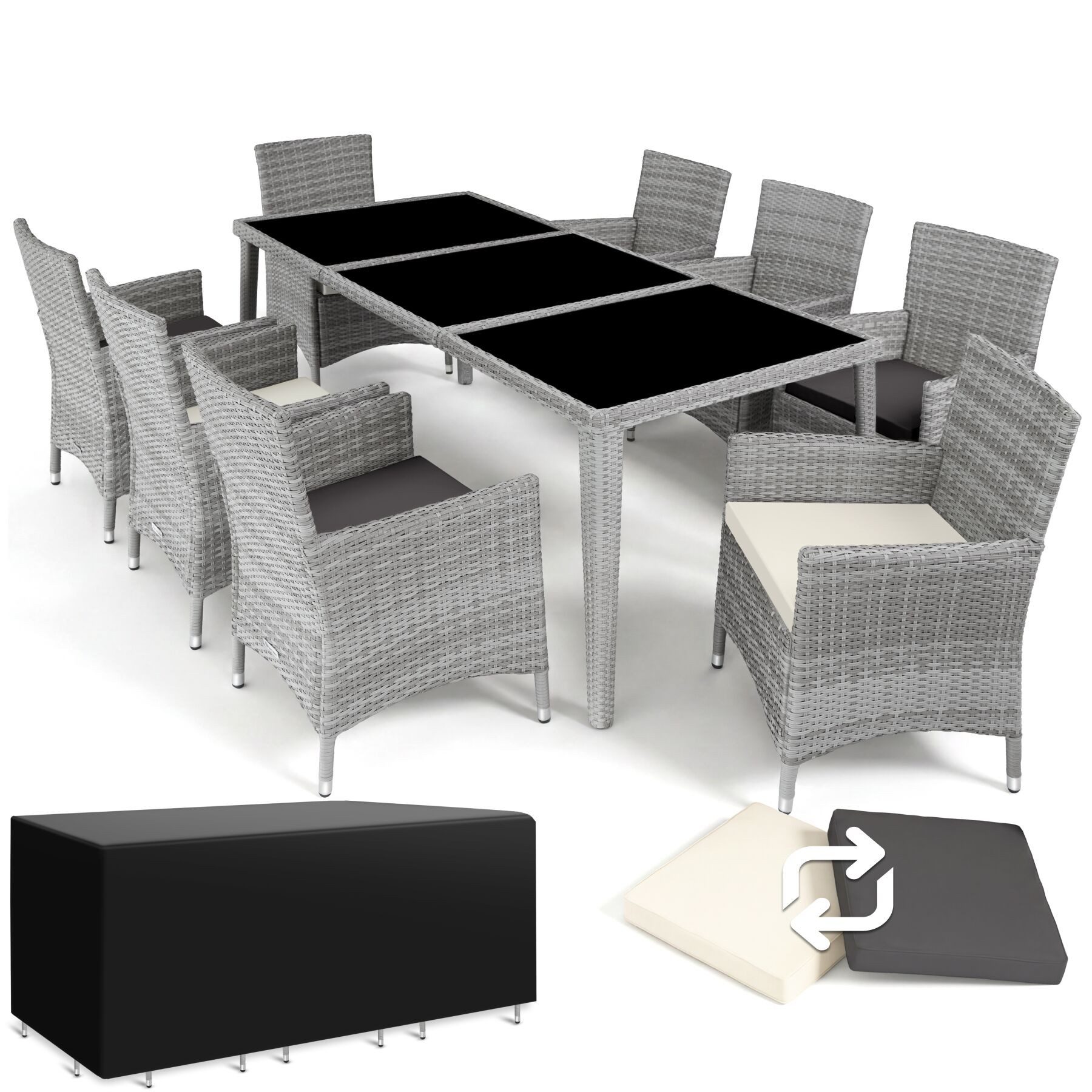 tectake Sitzgruppe Polyrattan Gartengarnitur wetterfest inkl. Schutzhülle für 8, (Outdoor Lounge Set Menorca, 9-tlg., in Hellgrau), 2 Bezugssets, Sicherheitsglasplatten, pflegeleicht