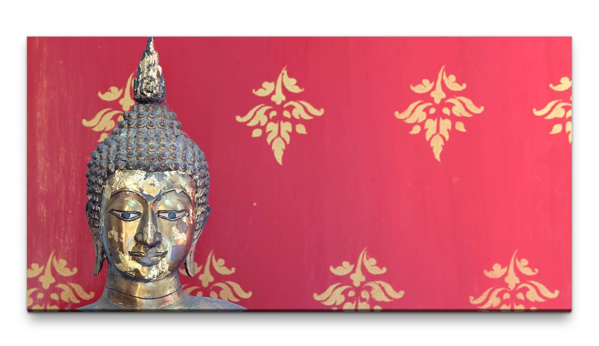 Leinwandbild Bilder XXL Buddhafigur vor roter Wand 50x100cm Wandbild auf Leinwand