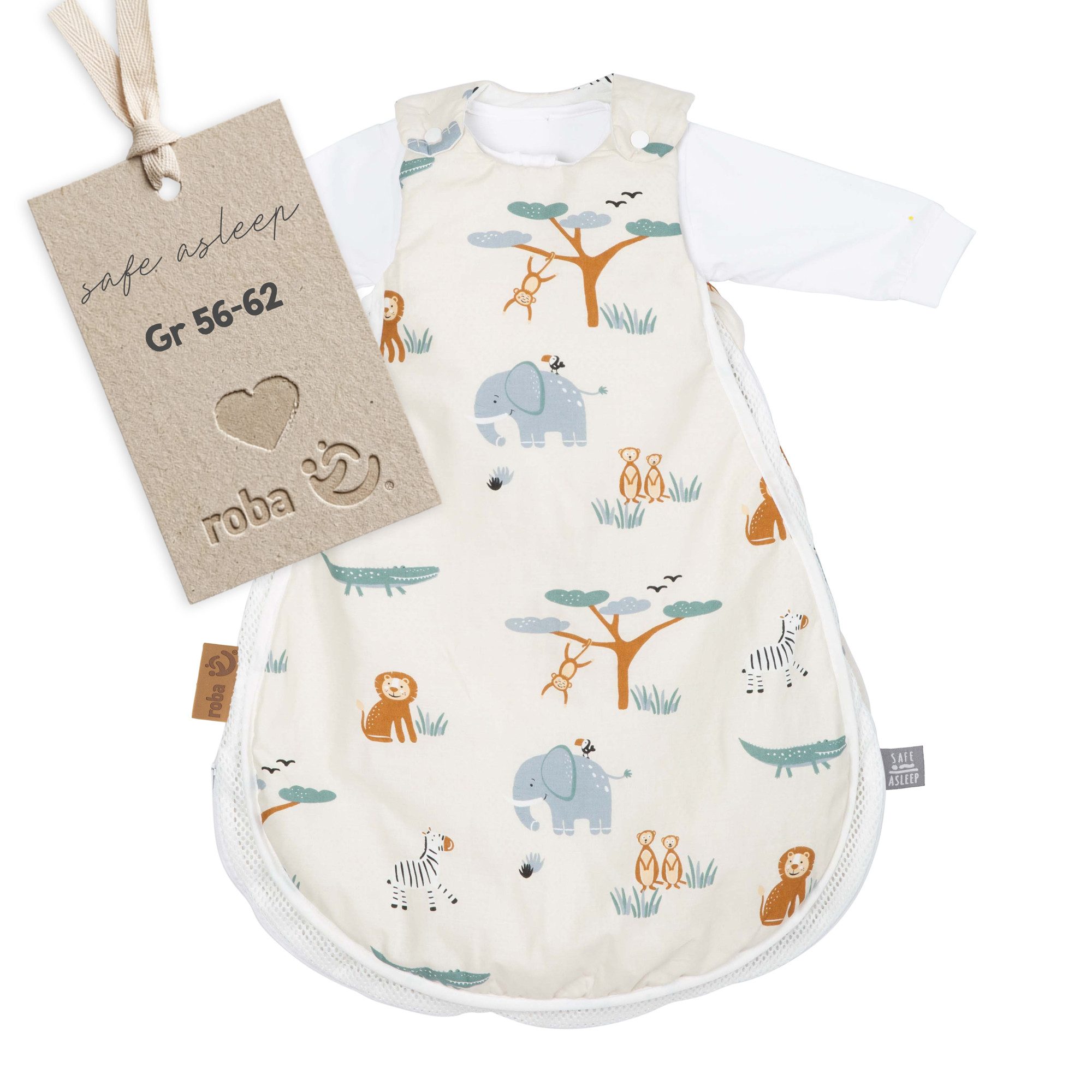 roba® Babyschlafsack Savanna Friends 60 cm- Air PLUS safe asleep® - 56/62 - Ganzjährig (Schlafsack 2,5 TOG + Strampelsack 1 TOG - optimal kombinierbar), atmungsaktives Air-Balance System - Schlafsack + Strampelsack