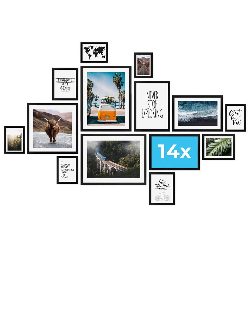 PHOTOLINI Bilderrahmen Sets in verschiedenen Formaten, MDF Holz, Acrylglas & Zubehör, für 14 Bilder (14er Set), Posterrahmen 14er Set No.1 zum Aufhängen oder Aufstellen
