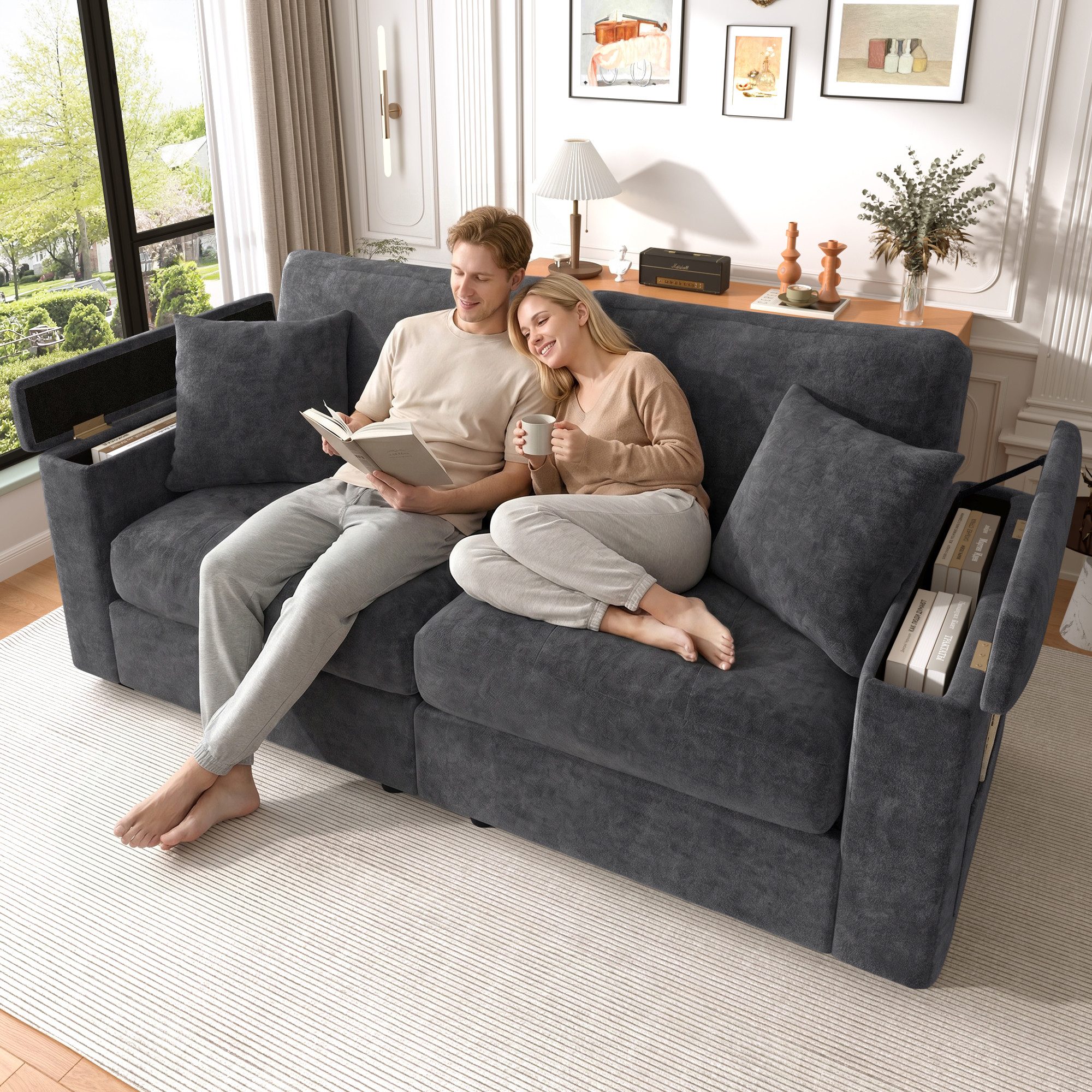 Merax 2-Sitzer mit Armlehnen-Stauraum und Seitentaschen, modernes Sofa aus Chenille, 180×81,5×84cm 1 Teile, Couch mit hochdichter Schaumstoff, 2 Kissen & Massivholzrahmen