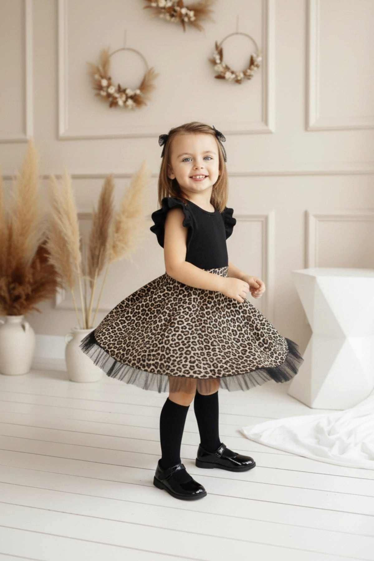 Parla Kids Tüllkleid Tütükleid schwarz mit Leopardenmuster, Rüschensaum und Haarspange Tütükleid mit leopardenmuster