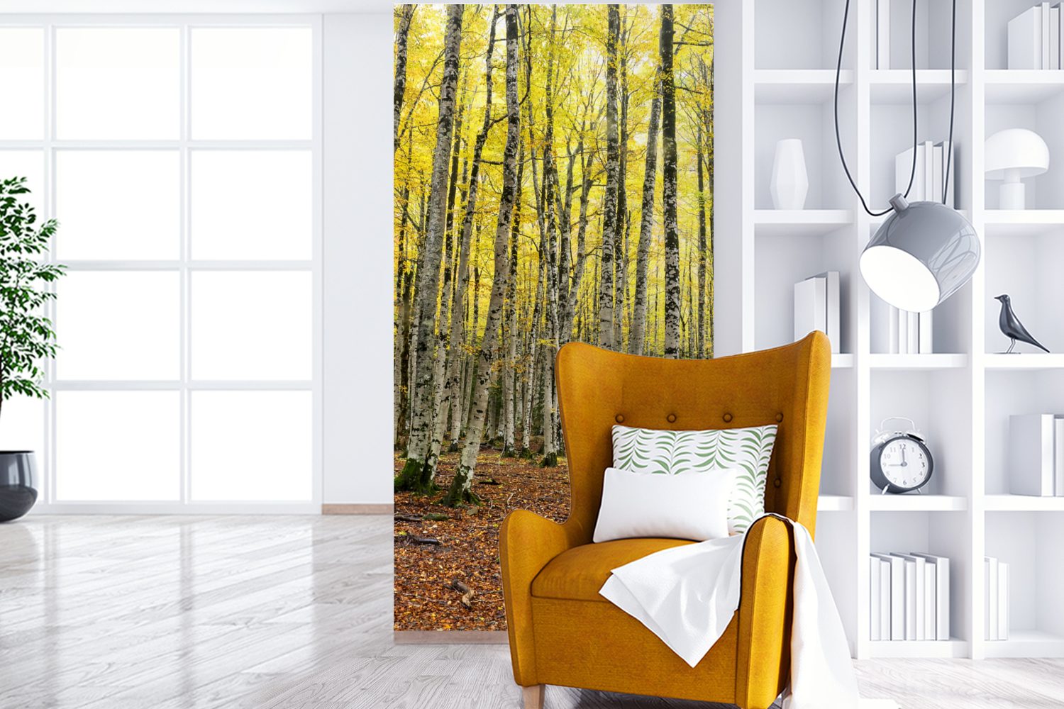MuchoWow (2 Vliestapete Fototapete Gelb, - St), Bäume Wohnzimmer Schlafzimmer - Küche, Matt, bedruckt, Wald für Fototapete