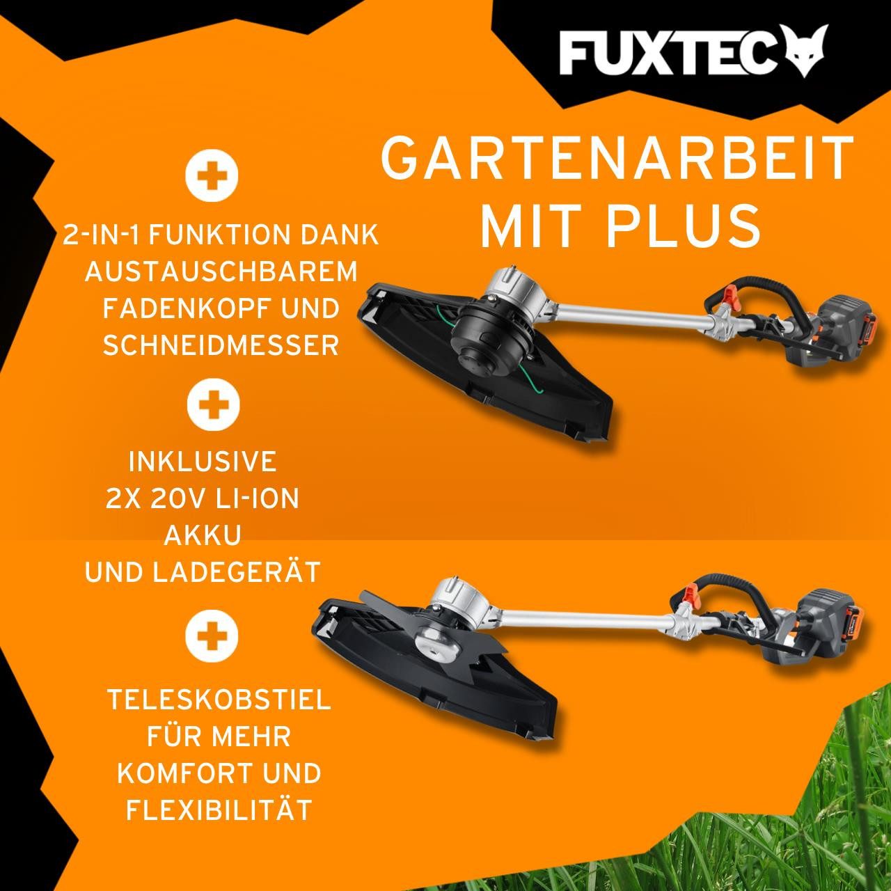 FUXTEC Akku-Motorsense FX-E2MSSET, 35 cm Arbeitsbreite Messer, 2x20V, inkl. Akku & Ladegerät,10Kg, 35 cm Arbeitsbereich