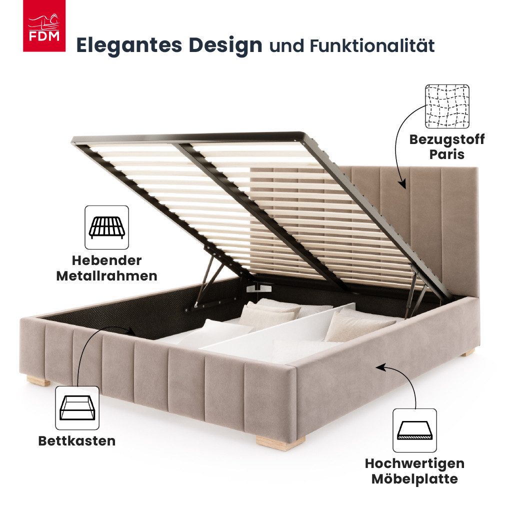 FDM Polsterbett DENTON modern mit Bettkasten MADE IN EU - mit hochwertigem Paris Bezug (verfügbar 90x200 120x200 140x200 160x200 180x200cm, Bettrahmen, Bett, mit großen gepolsterten Kopfteil, mit Bettkasten zum aufklappen), Hebbarer Metallrahmen, Bettkasten, mit/ohne Matratze