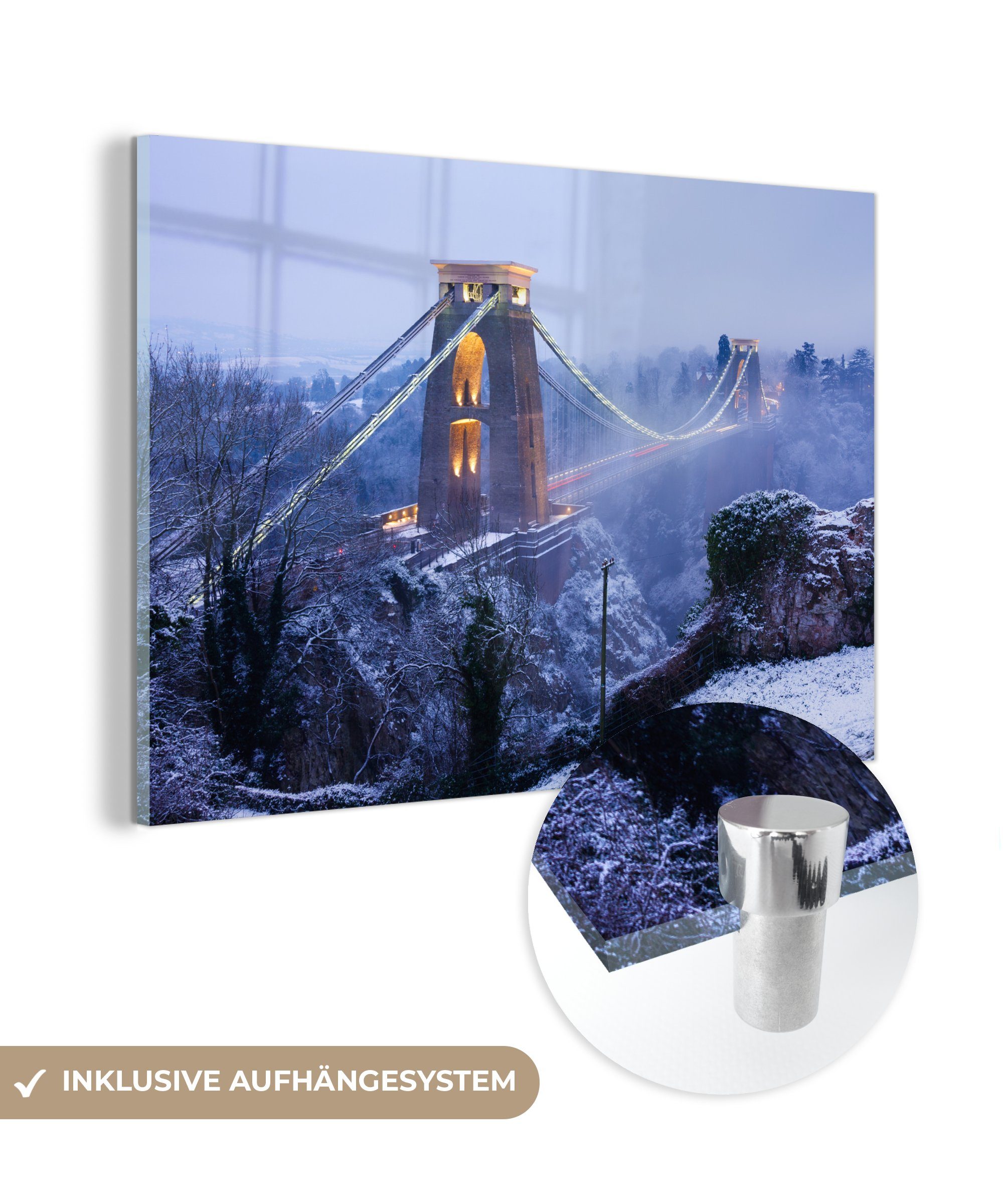 & Acrylglasbild (1 Clifton-Hängebrücke schneebedeckte in St), Bristol, Acrylglasbilder England, MuchoWow Schlafzimmer Die Wohnzimmer