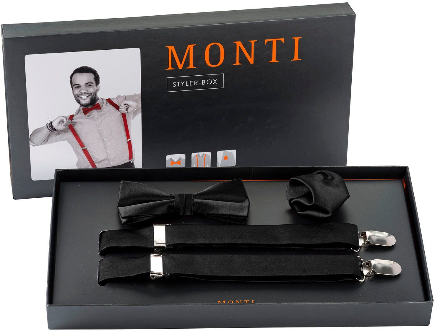 MONTI Hosenträger passender black mit (Set, SALVO farblich Einstecktuch Fliege 3-St) und Hosenträger