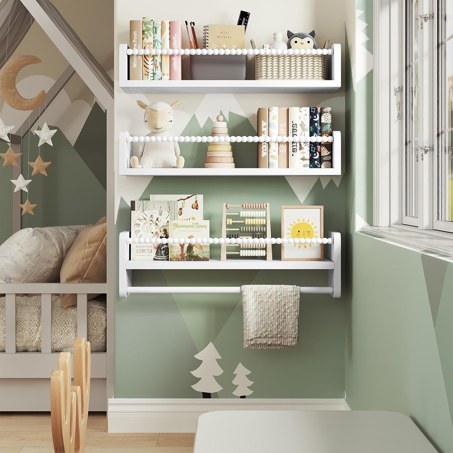 Woltu Kinderregal, 3-tlg., Bücherregal Wand, Montessori Regal, aus Massivholz