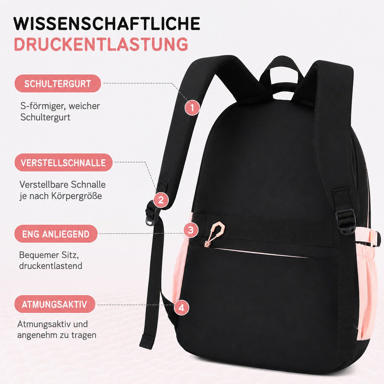 MOPUEA Schulrucksack Schulrucksack-Set Schultasche Teenager Turnbeutel (3-tlg., mit isolierter Lunchtasche, abnehmbarem Münzbeutel & Federmappe), Süße Schultasc – Bild 4 von 5