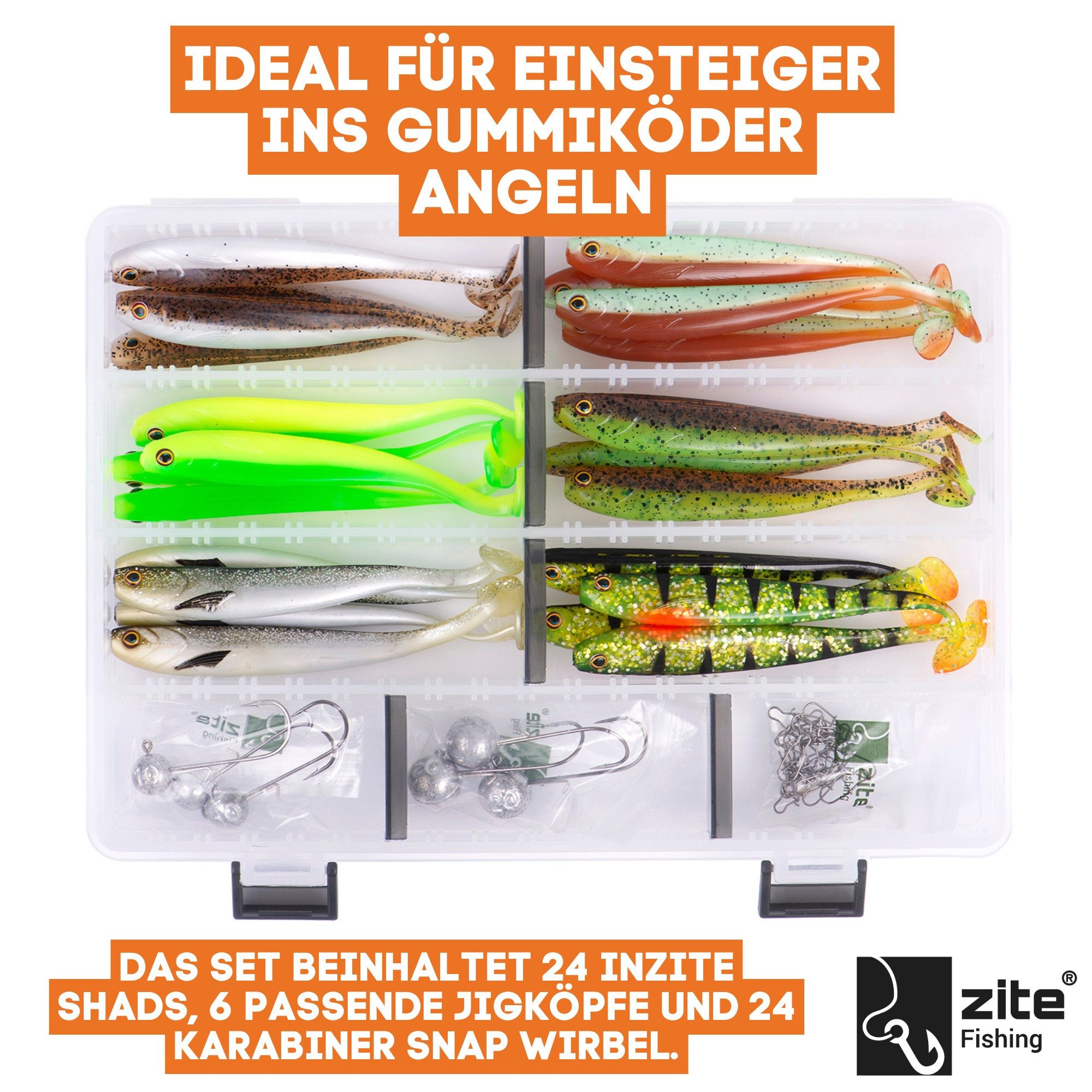 Zite Kunstköder Zander Gummifische Starterbox 24 Inzite Shads 6 Jighaken 24 Snaps, (55-St)