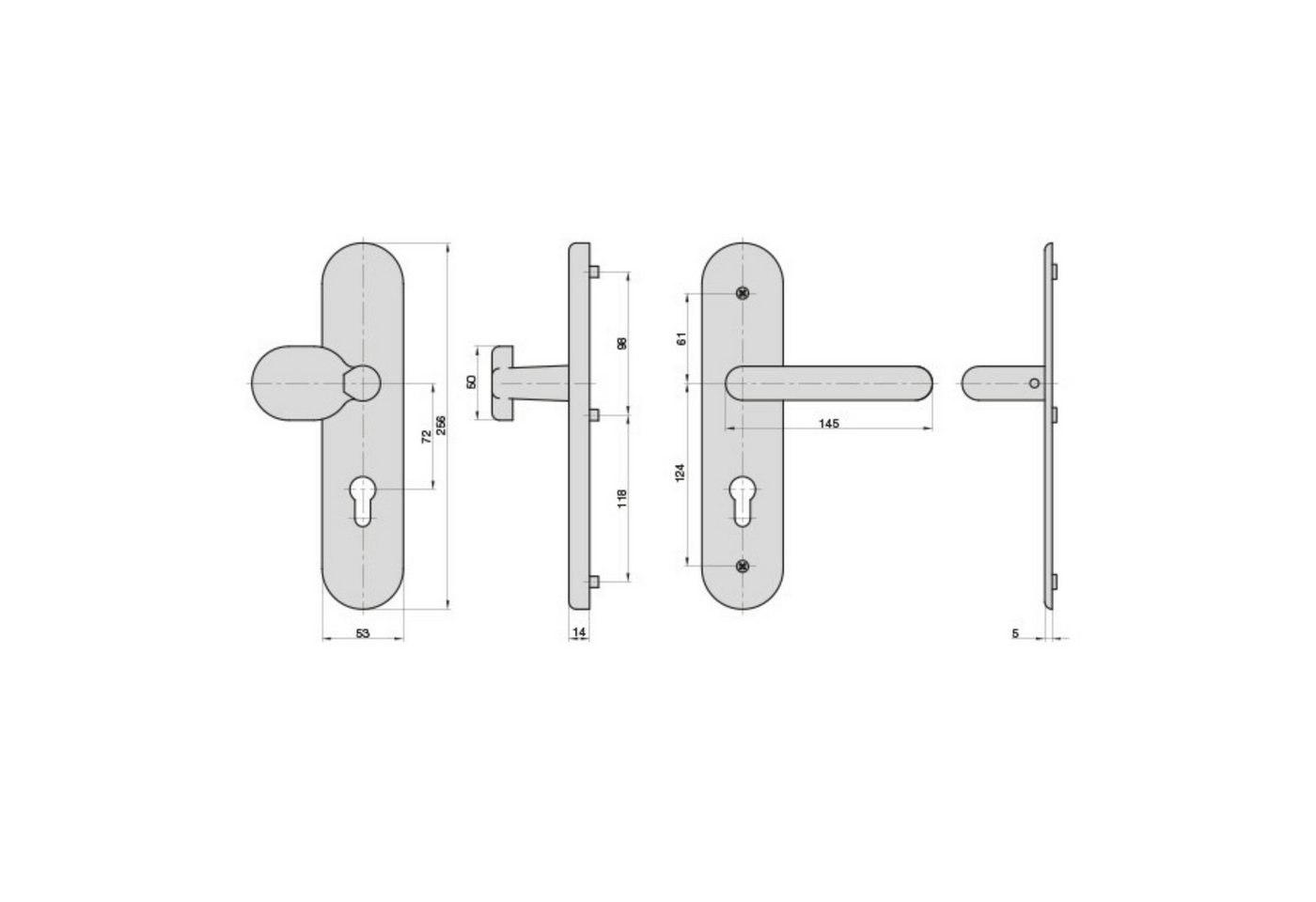 Thumbnail - BASI Türbeschlag Wechsel-Garnitur (Packung), Schutzbeschlag PZ 72/8 mm, Edelstahl, Schild 14 mm, Türen 38-58 mm