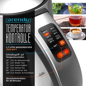 Arendo Wasserkocher, 1,7 l, 2200 W, Edelstahl, mit Temperatureinstellung 40°C - 100°C & Warmhaltefunktion