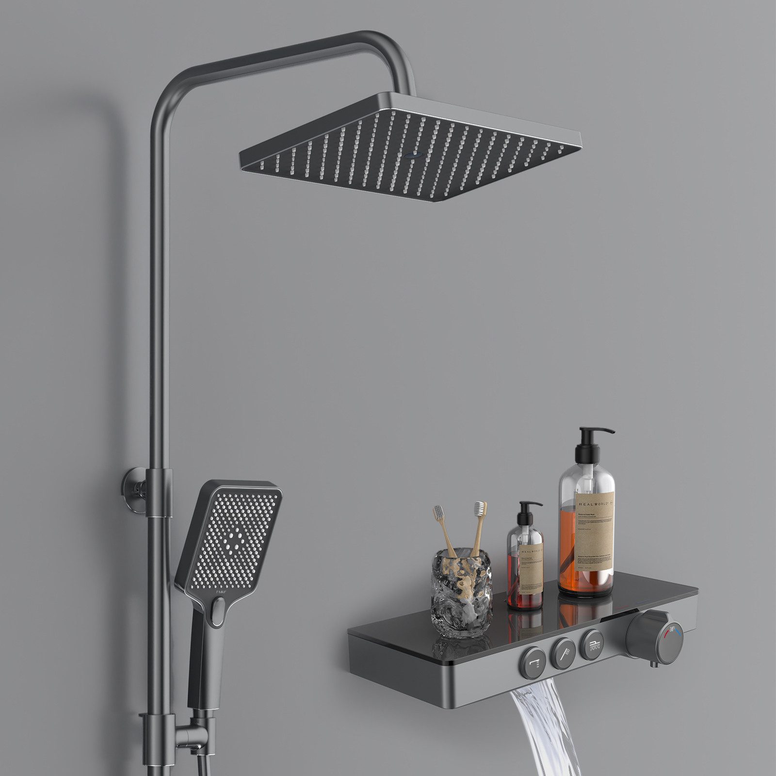 EMKE Duschsystem mit Thermostat 38℃ eckig Regenduschset und Kopfbrause Duschset, 3 Strahlart(en), Duschamaturenset mit quadratischemDuschkopf, Duschsäule aus Edelstah