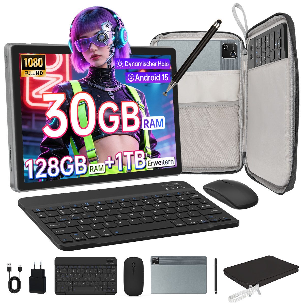 BUFO 10 Zoll Android 15, 30(6+24)GB+128GB, 6200mAh, mit Tastatur/Maus/Stift Tablet (10", 128 GB, Octa-Core, mit Stift/Maus/Tastatur)