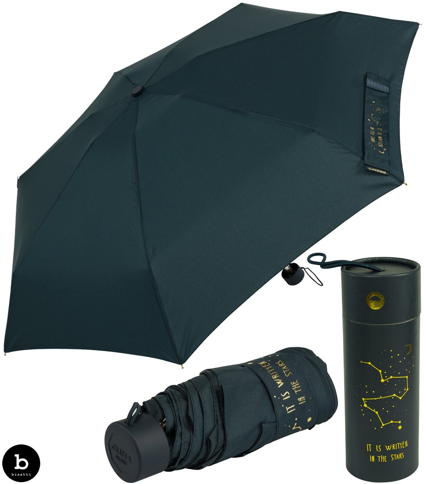 bisetti Taschenregenschirm Damen-Regenschirm, klein, stabil und kompakt, petrol, mit goldenem Aufdruck auf dem Schließband