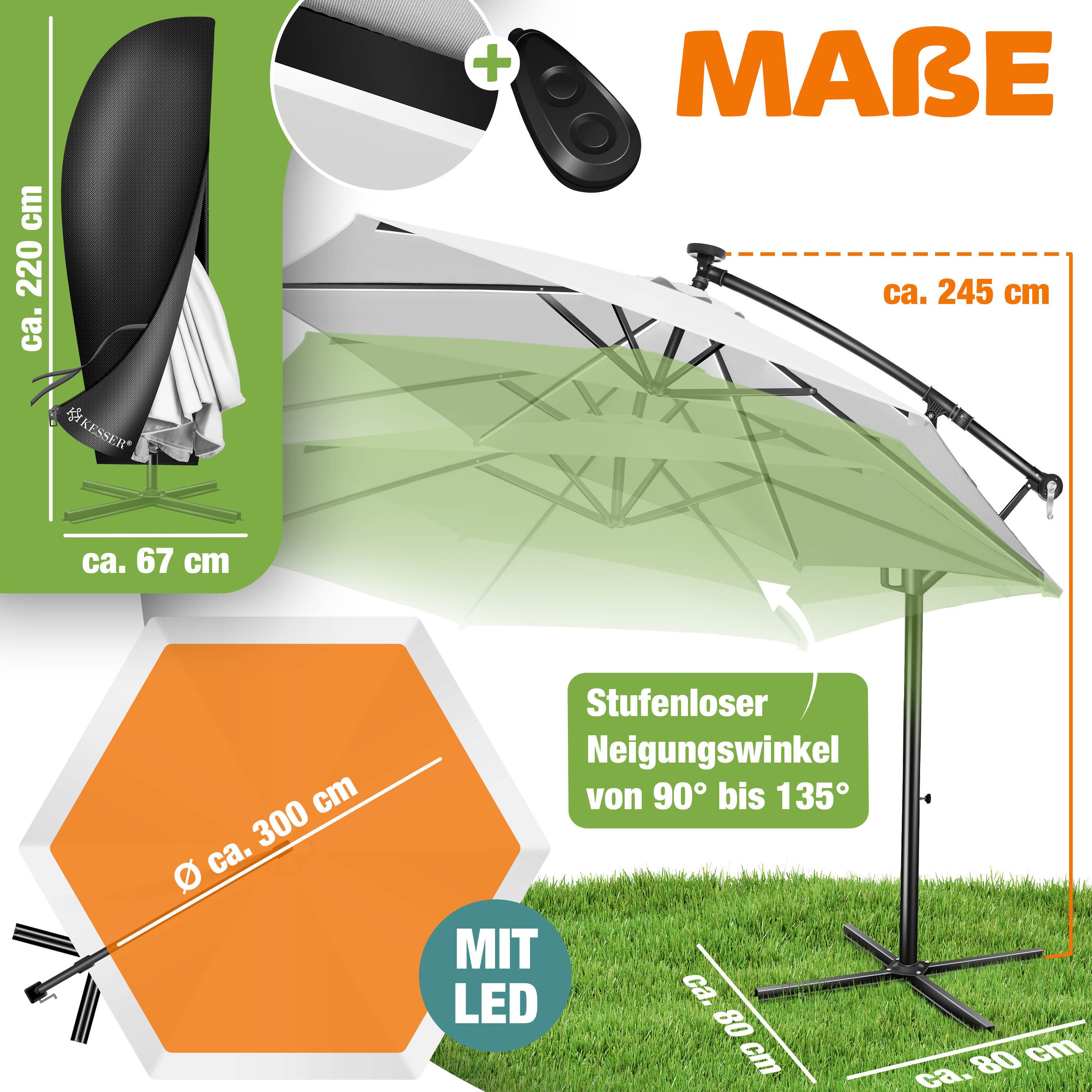KESSER Ampelschirm ⌀300cm Alu Sonnenschirm mit LED Solar Inkl. Abdeckung & Fernbedienung, Kurbelschirm mit Ständer Wasserabweisend, 360° Funktion & UV-Schutz