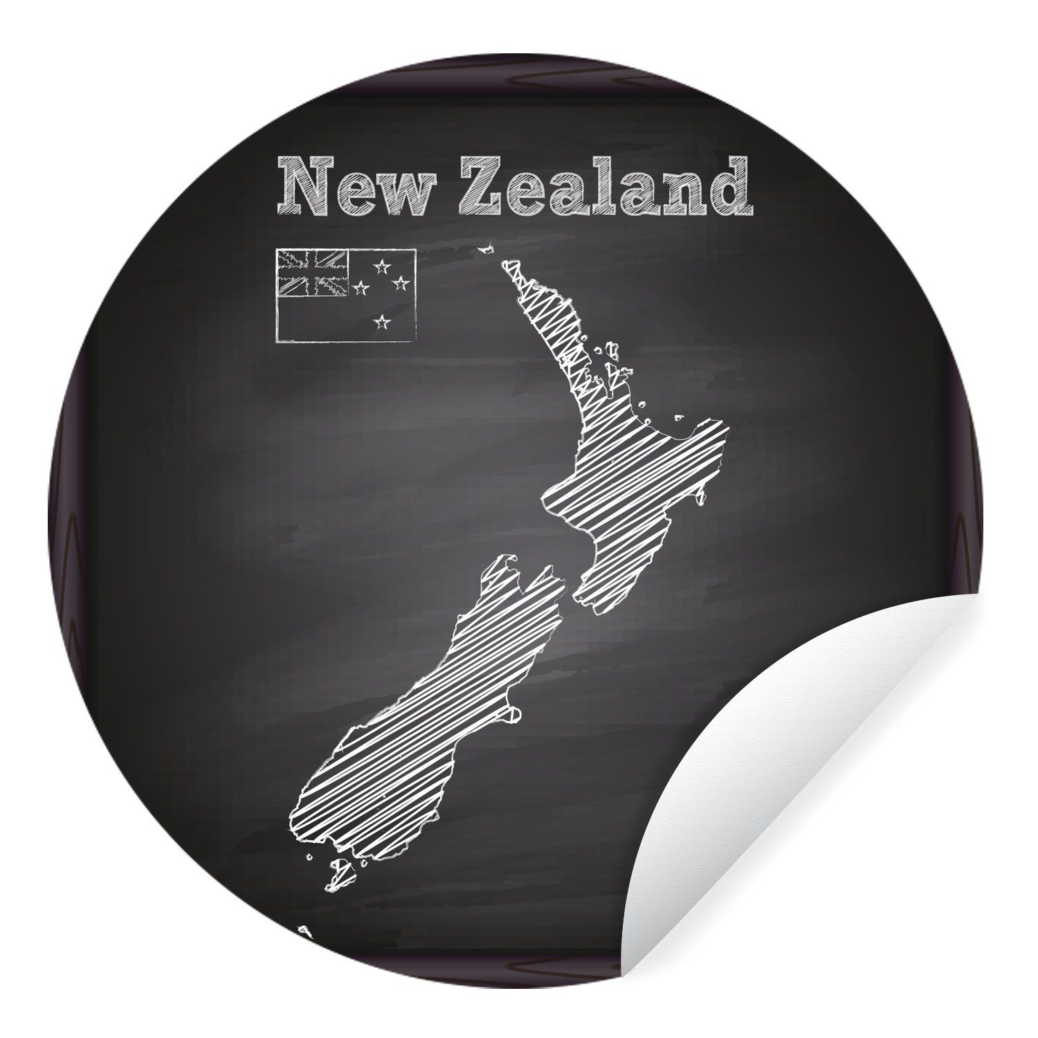 MuchoWow Wandsticker Eine Illustration einer schwarzen Kreidekarte von Neuseeland (1 St), Tapetenkreis für Kinderzimmer, Tapetenaufkleber, Rund, Wohnzimmer