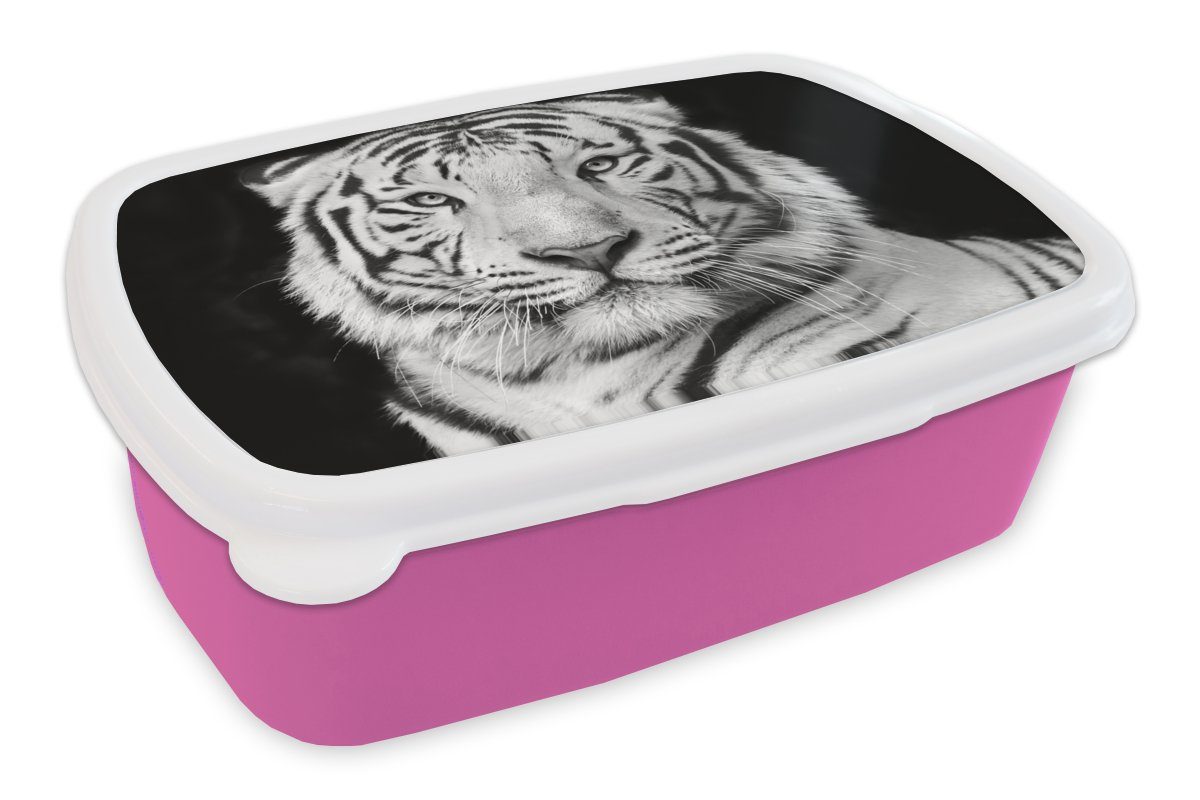 MuchoWow Lunchbox Tiger - Schwarz - Weiß - Porträt - Tiere, Kunststoff, (2-tlg), Brotbox für Erwachsene, Brotdose Kinder, Snackbox, Mädchen, Kunststoff rosa