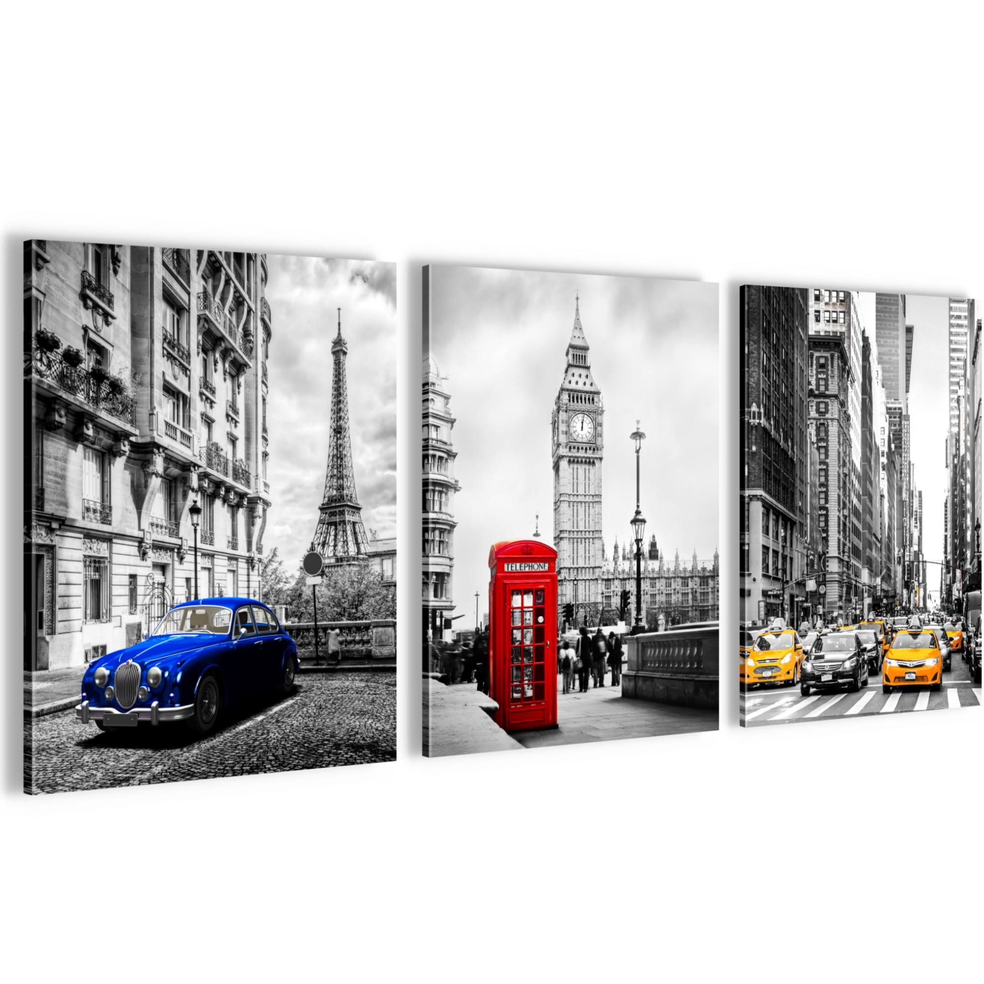 Novart Wandbild Städte Berlin London Paris Schwarz Weiß Bilder Set Deko, Collage (3 St)