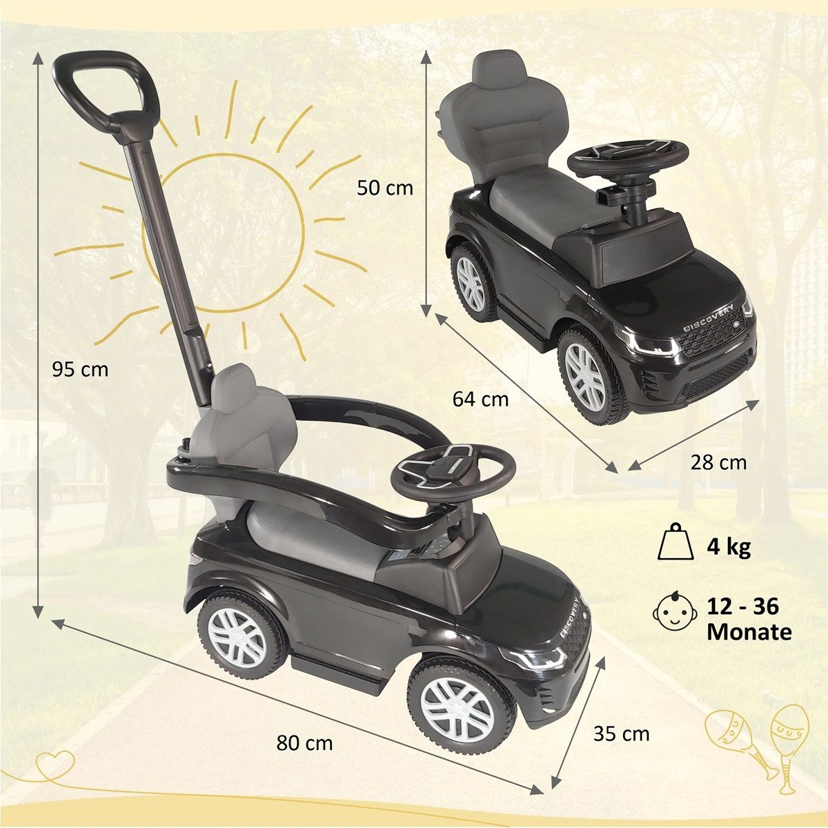 Lemodo Rutscherauto Land Rover mit Schiebestange, Kinderfahrzeug mit Soundlenkrad, 65x28x41cm, ab 12 Monate, offiziell lizenziert – Bild 2 von 5