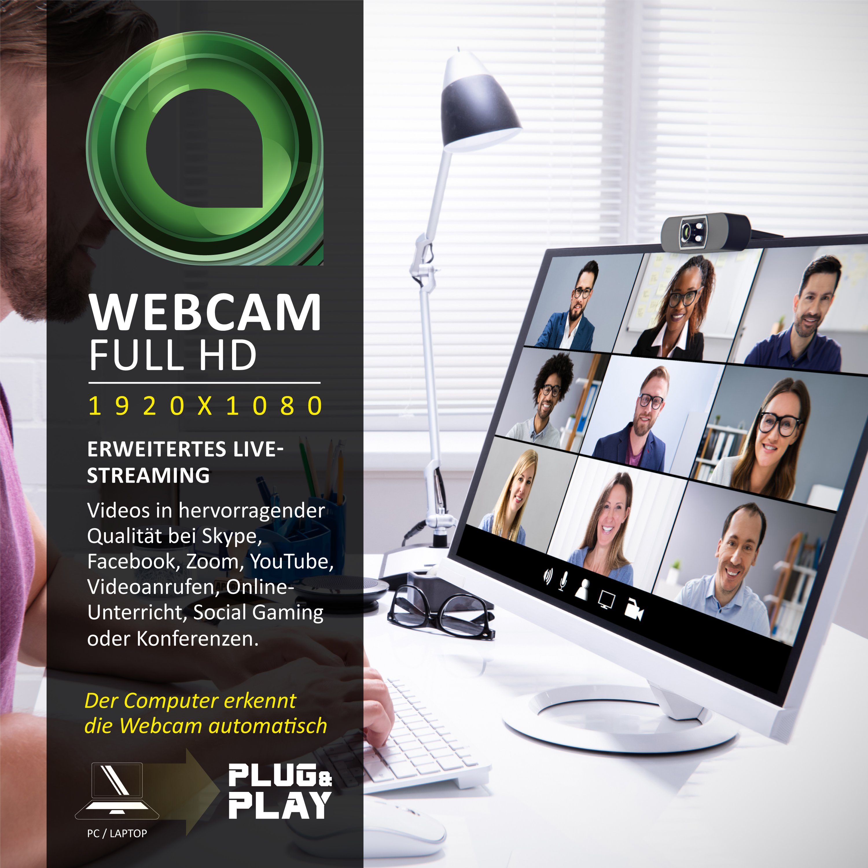 Aplic Full HD-Webcam (1920x1080P @ 30Hz, 4 Hilfslichter, Szenelicht, Mikrofon, Stativgewinde)