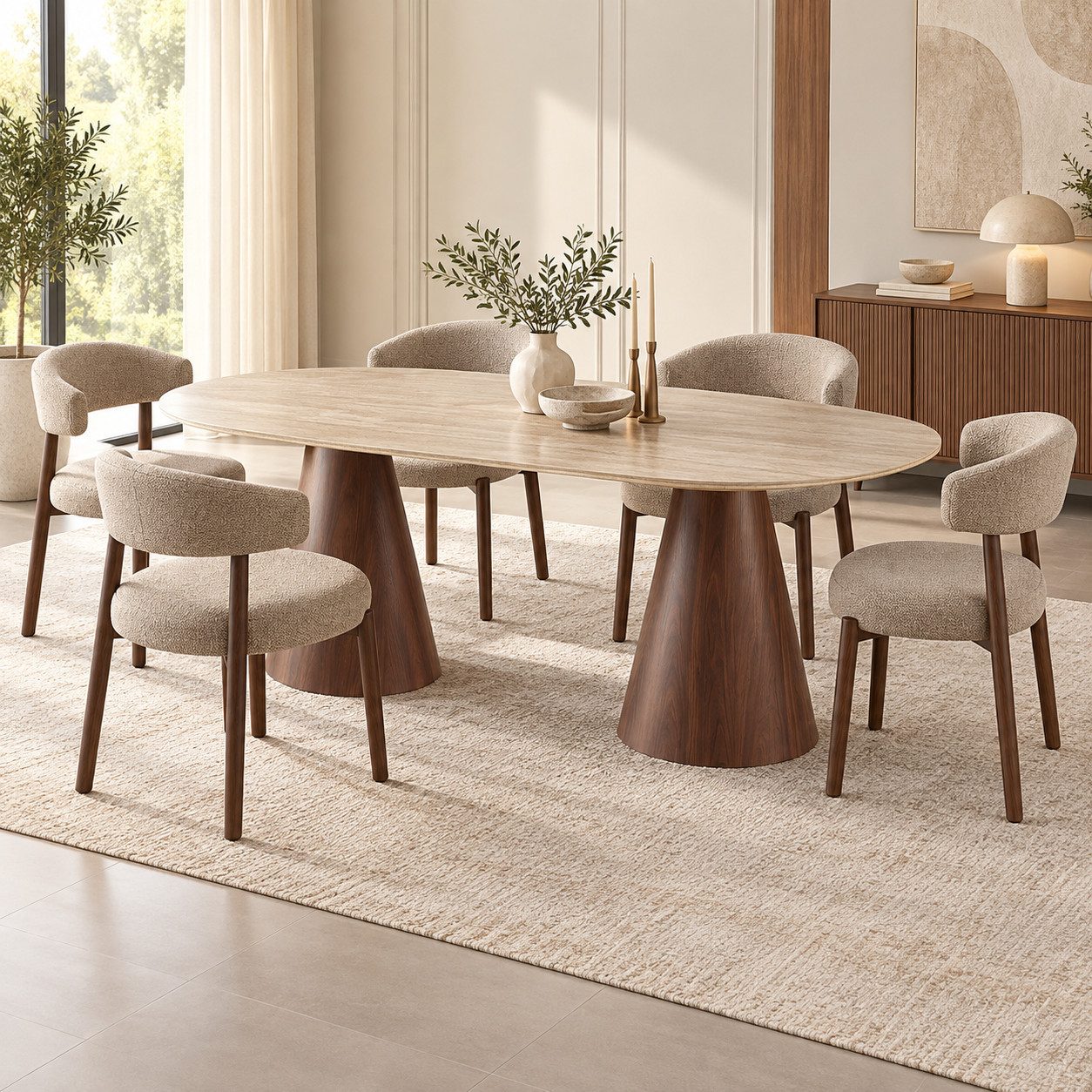 Ertex Essgruppe 7tlg. mit ovalem Keramik-Esstisch Braun 200x100cm & 6x Polsterstühlen