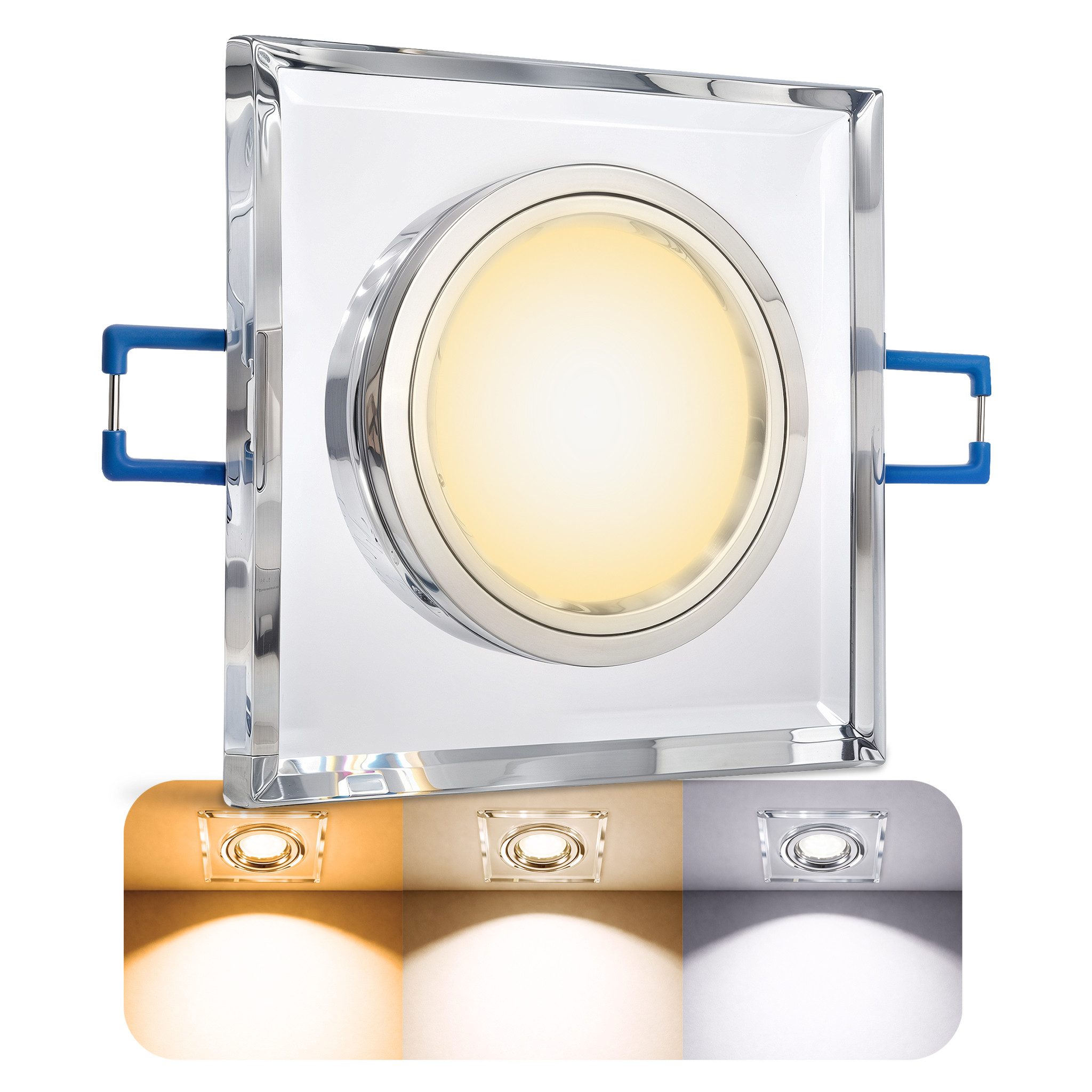 SSC-LUXon LED Einbaustrahler Spot ALINA Glas Einbaustrahler dimmbar 3CCT LED Lampe 6W 3 Lichtmodi, Neutralweiß, Warmweiß, Tageslichtweiß