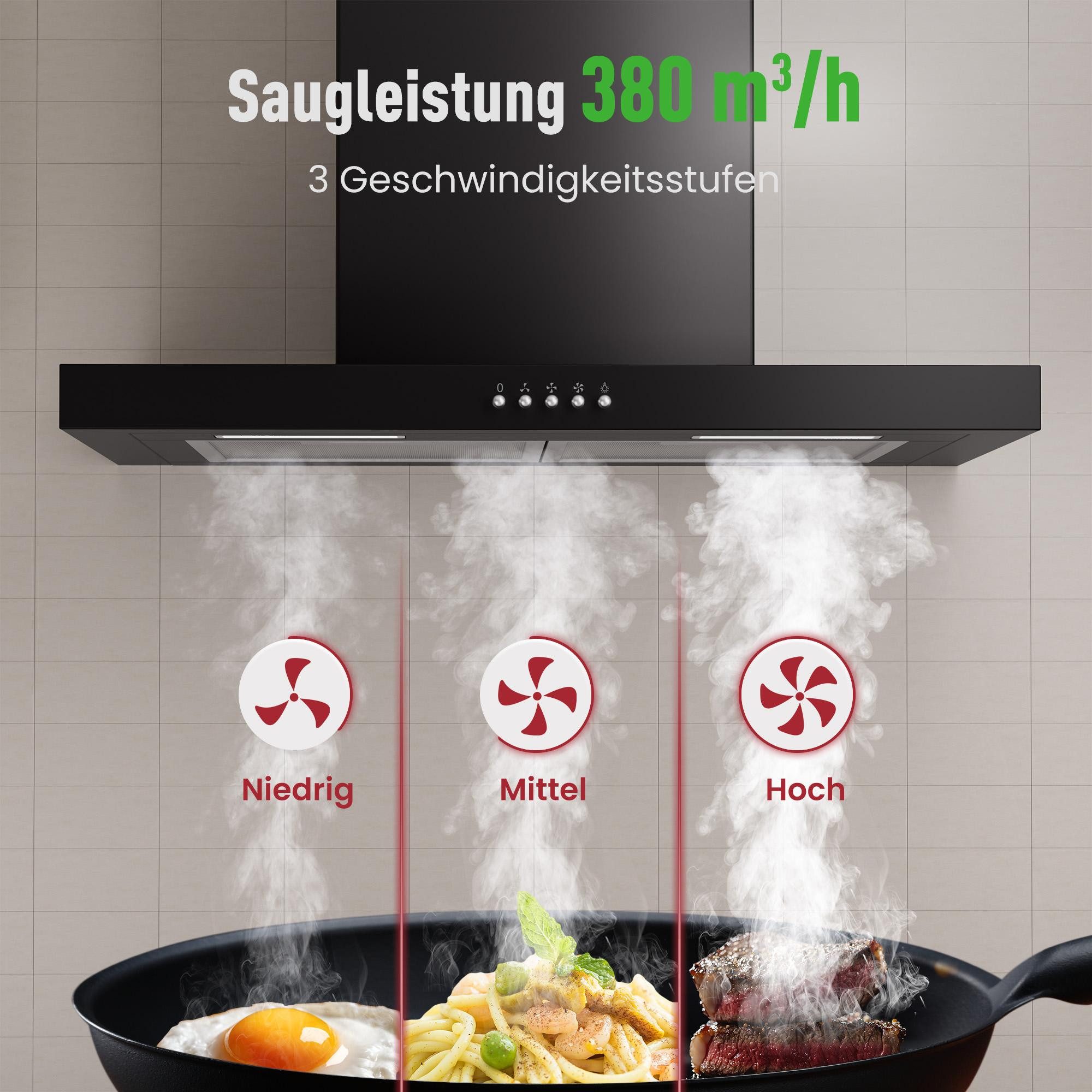Levivo Wandhaube A++ Dunstabzugshaube 60cm Umluft & Abluft mit 380 m³/h Aktivkohlefiltern, Fettfiltern, LED-Beleuchtung – Bild 2 von 5