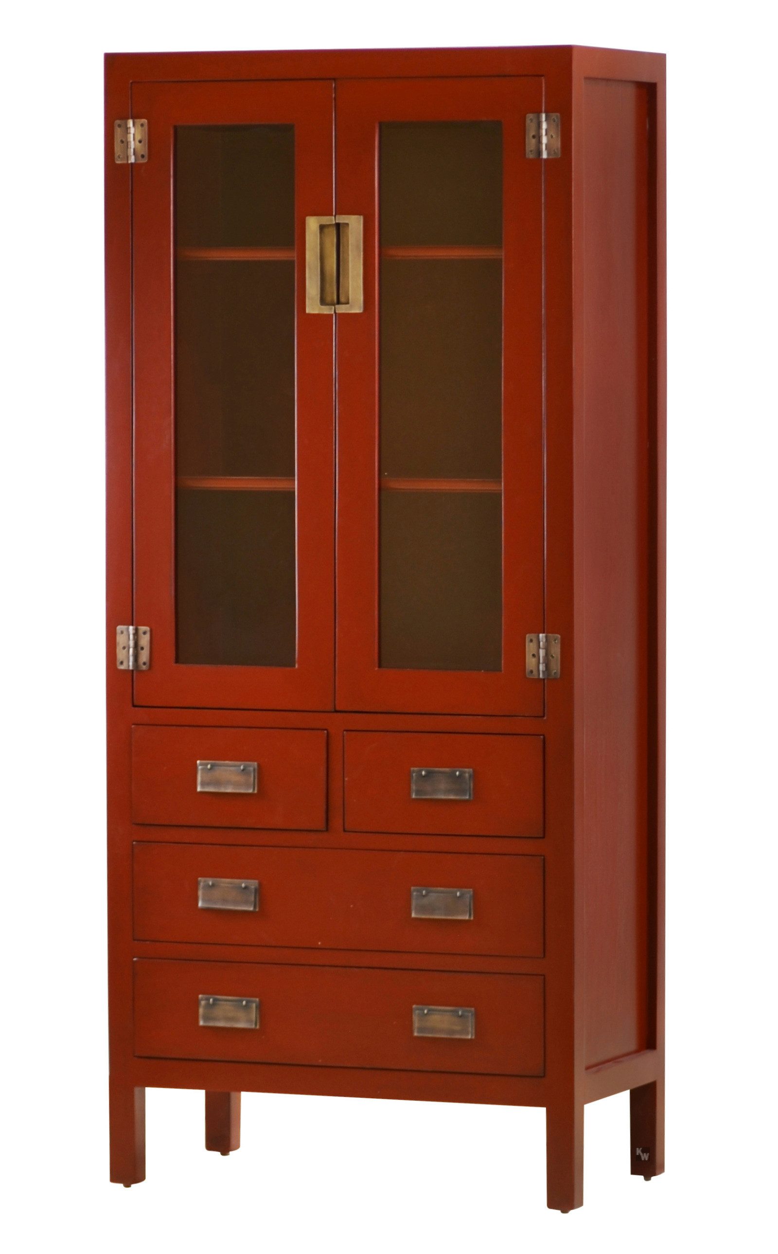 Kai Wiechmann Vitrine Asiatische Vitrine Yantai rot, Highboard, Vitrinenschrank (zwei Regalböden, vier Schubladen) 75x170x40 cm, zweitürig, Massivholz, Shabby Chic