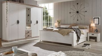 Furn.Design Komplettschlafzimmer Rovola, (in Pinie weiß Landhaus mit Oslo-Pinie, Set 4-teilig), inklusive 5-türigem Kleiderschrank