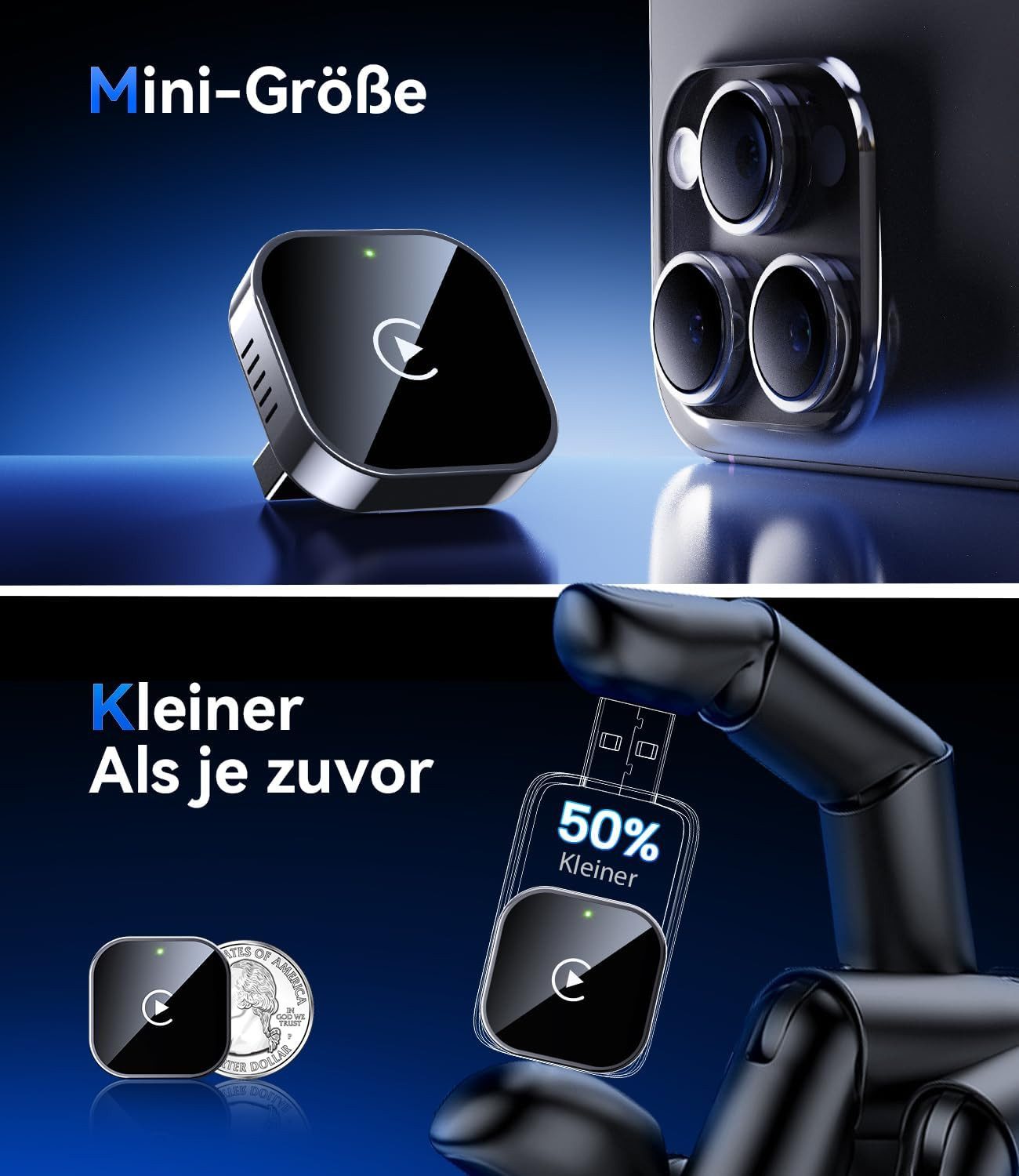 Athlix Wireless CarPlay Adapter für iPhone, CarPlay kabellos Adapter Audio- & Video-Adapter zu USB Typ A, Mini-Design, Plug & Play, Dualband-Technologie
