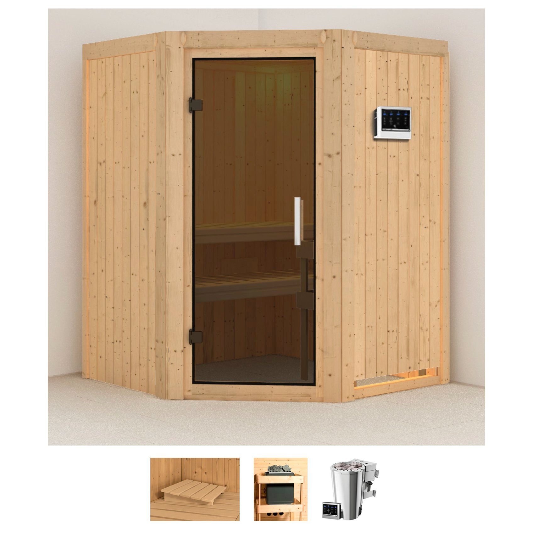 Karibu Sauna Nanna, BxTxH: 151 x 151 x 198 cm, 68 mm, (Set) Ofen 3,6 kW Bio-Ofen externe Strg. easy