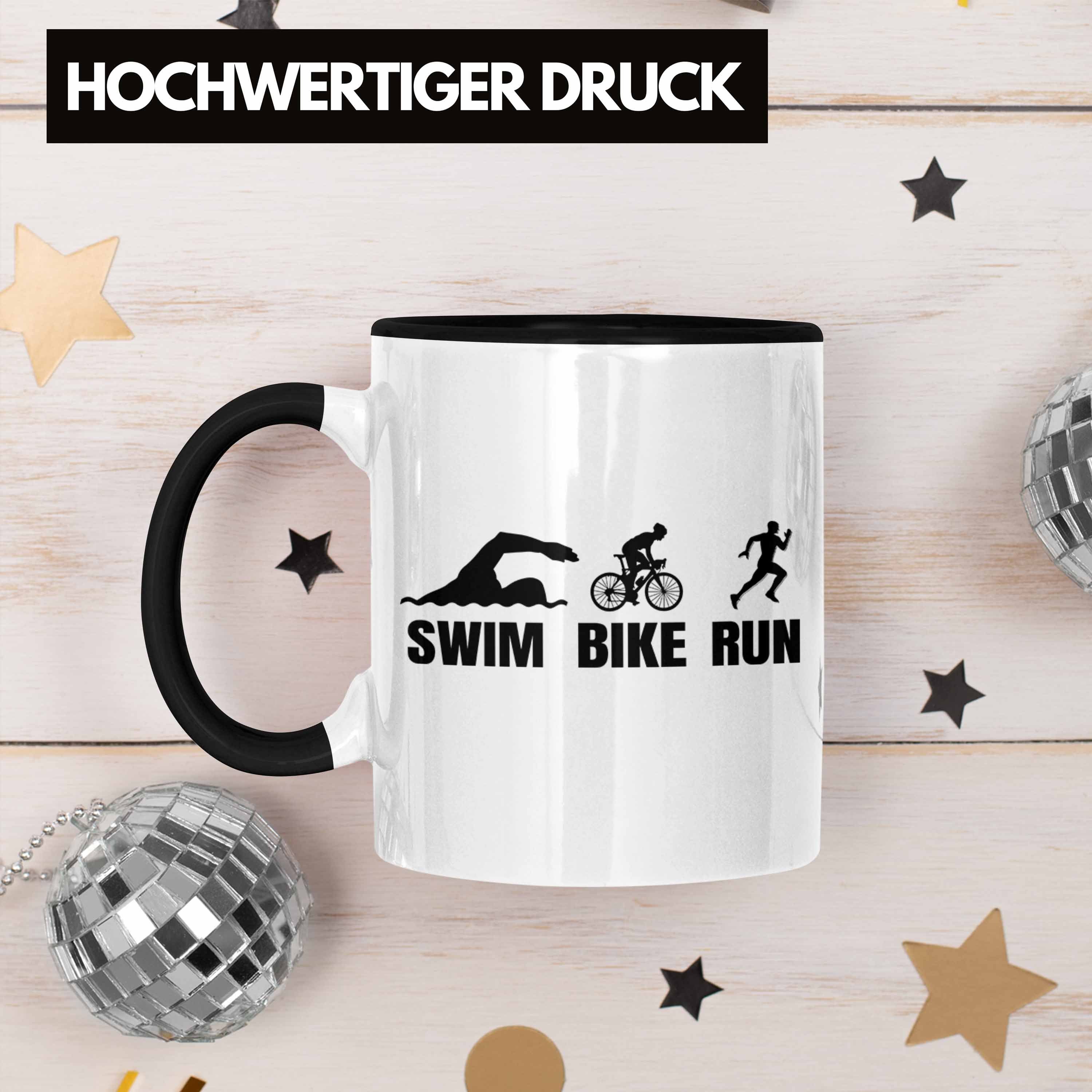 Trendation Bike Triathlon Tasse Swim Geschenk Spruch Tasse Geschenkidee für Sportl Schwarz Run