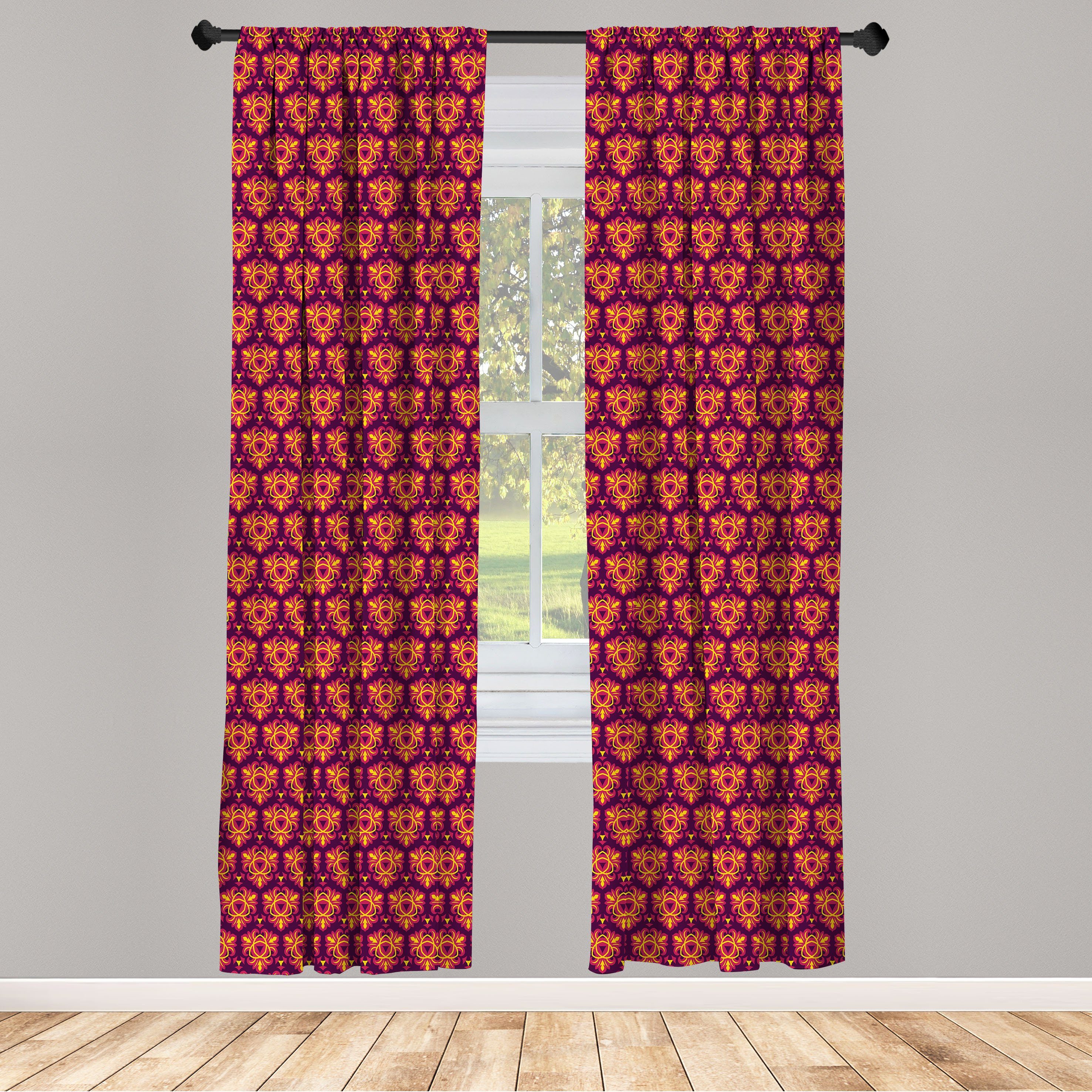 Gardine Vorhang für Wohnzimmer Schlafzimmer Dekor, Abakuhaus, Microfaser, Modern Symmetrische Blumenfliese | Fertiggardinen