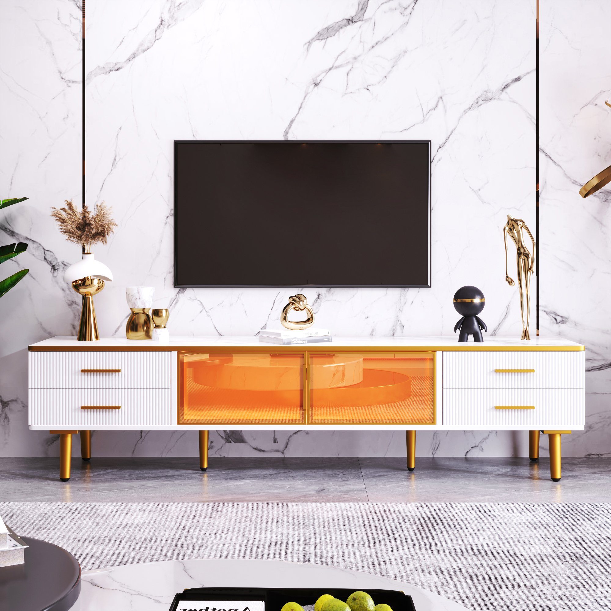 Merax Lowboard mit LED-Beleuchtung inkl. Fernbedienung, Breite:170cm, TV-Board mit Metallbeine, TV-Schrank mit Glastüren und Schubladen