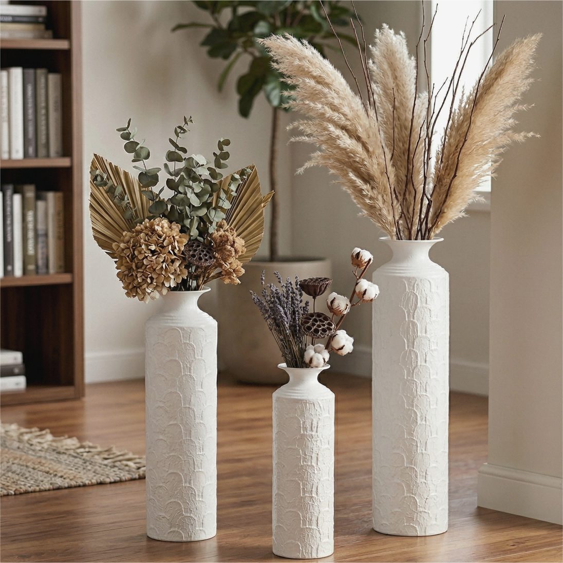 LVHOM Dekovase Bodenvase, Tischvase, 3 tlg. Geometrisches Metall-Vasen-Set, Weiß (drei Höhen (50 cm, 66 cm, 83 cm), Handgefertigt aus Metall. Langlebig & makellos. Exklusiv für Trockenblumen/Pampas & Stil, Ideal als Raumteiler, Pflanzübertopf, Solitärobjekt kreativ gestapelt)