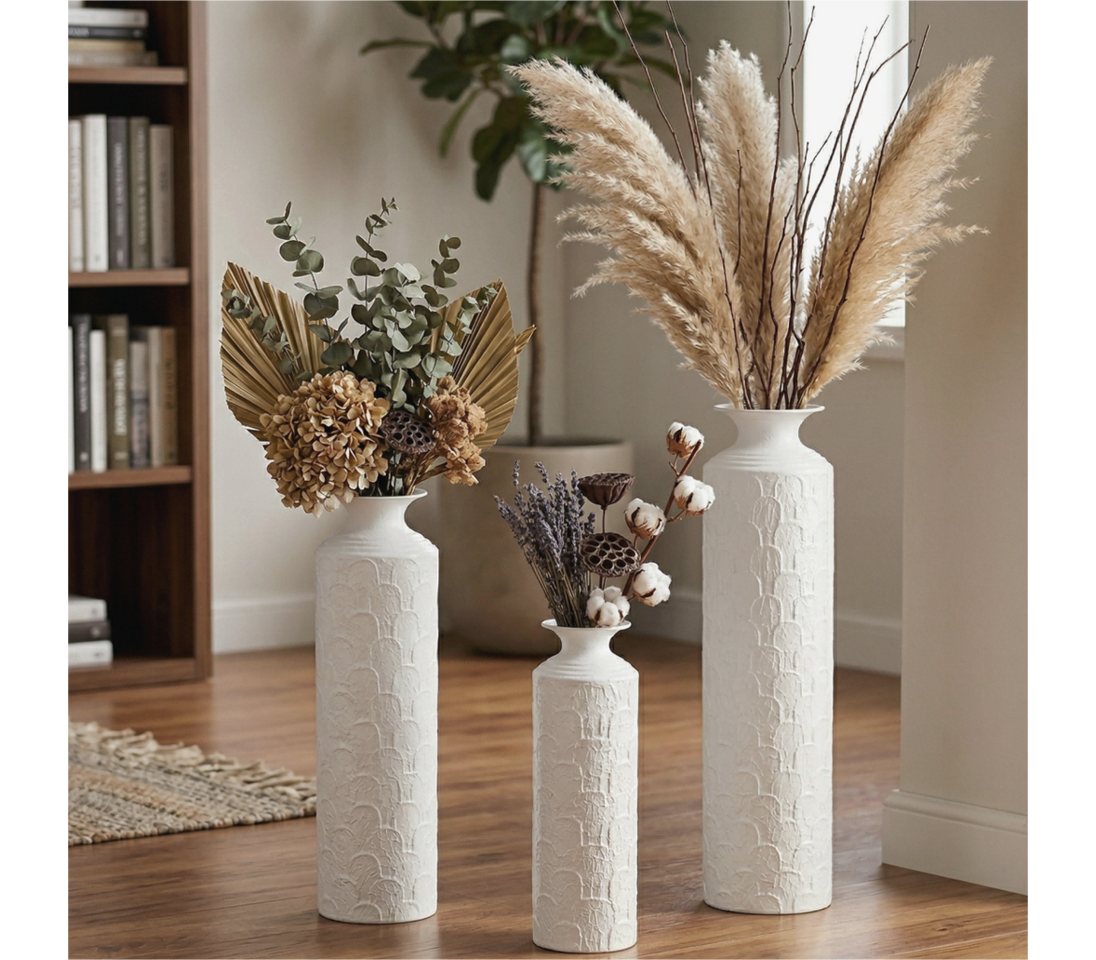 LVHOM Dekovase Bodenvase, Tischvase, 3 tlg. Geometrisches Metall-Vasen-Set, Weiß (drei Höhen (50 cm, 66 cm, 83 cm), Handgefertigt aus Metall. Langlebig & makellos. Exklusiv für Trockenblumen/Pampas & Stil, Ideal als Raumteiler, Pflanzübertopf, Solitärobje