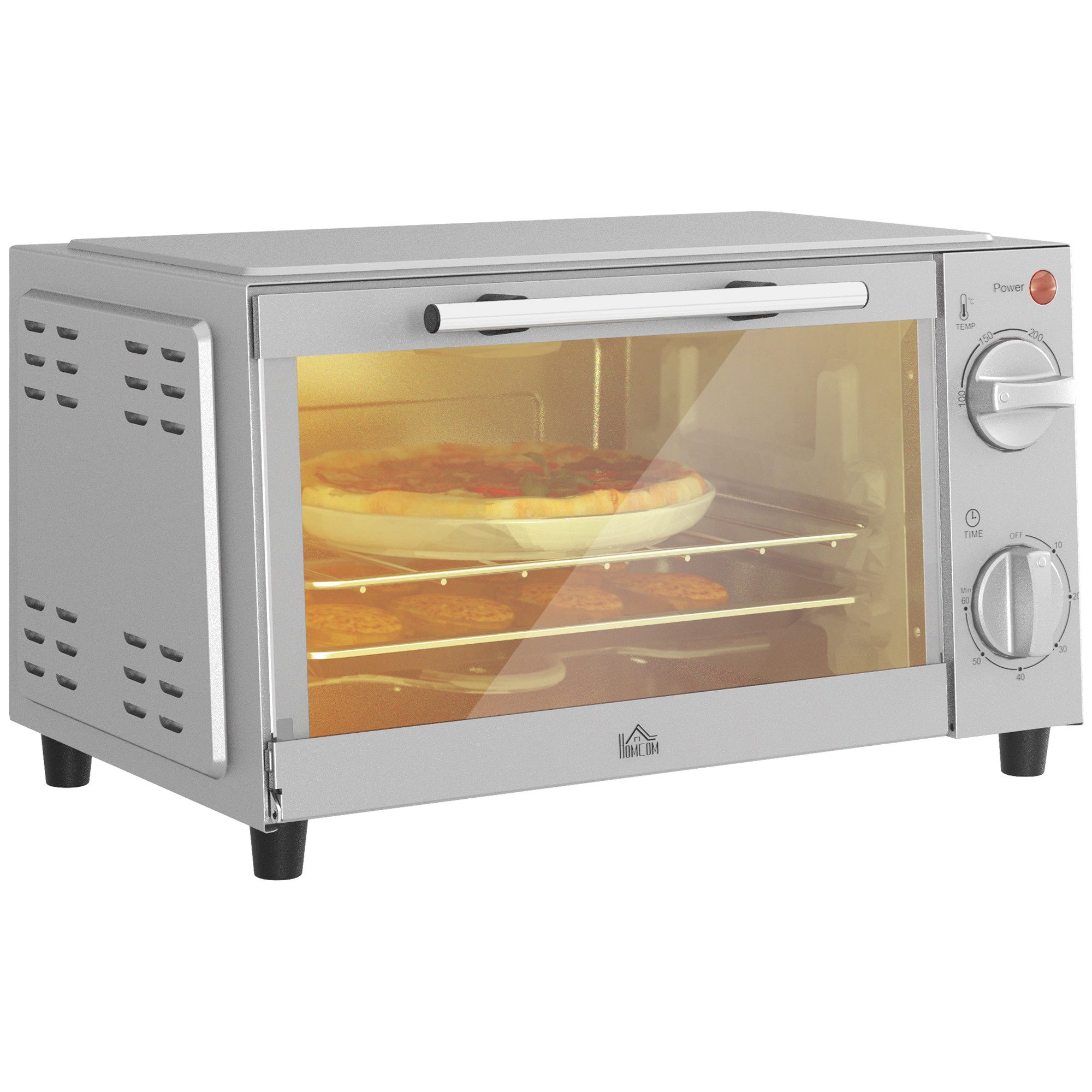 HOMCOM Minibackofen Backofen 9 L 750W 100-230℃ mit Backblech Pizza-Ofen, zum Grillen, Backen, Toasten, Silber – Bild 2 von 5