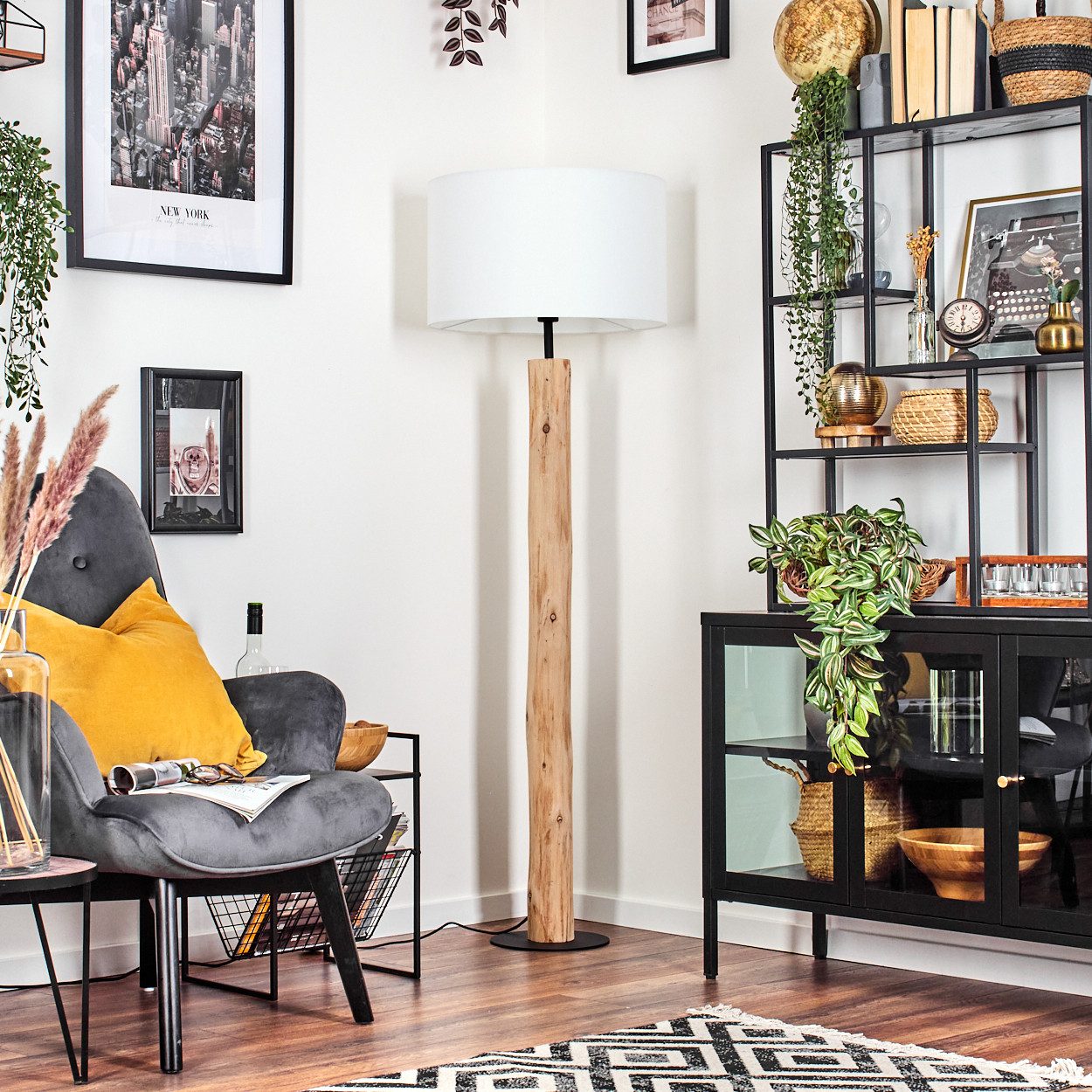 hofstein Stehlampe Stehlampe aus Holz/MetallStoff in Natur/Schwarz/Weiß, ohne Leuchtmittel, skandinavische Design Leuchte, Schirm (50 cm) u. Fußschalter, 1x E27