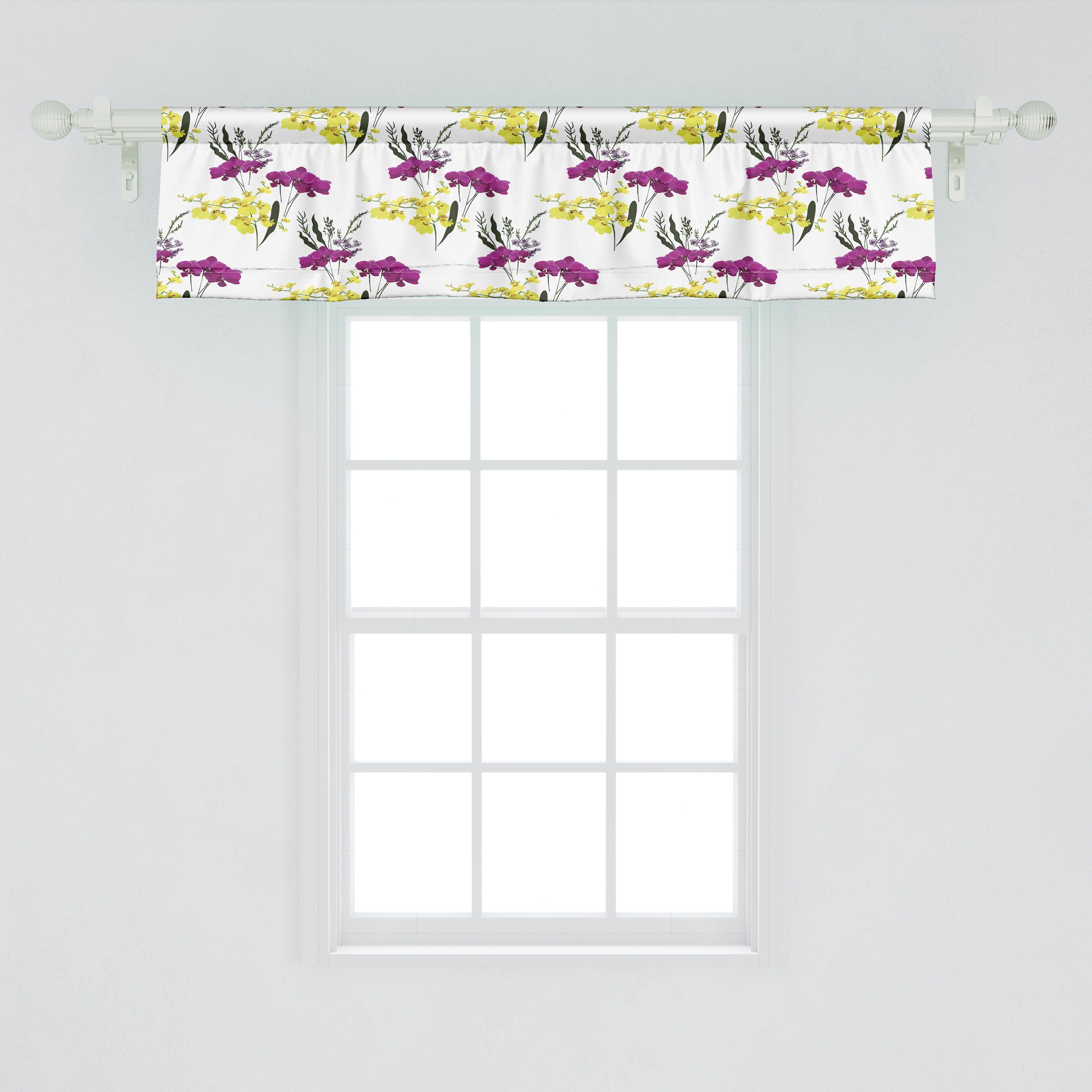 Scheibengardine Vorhang Volant für und Küche Blumen Dekor mit Stangentasche, Abakuhaus, Schlafzimmer Microfaser, Gelb Orchideen lila