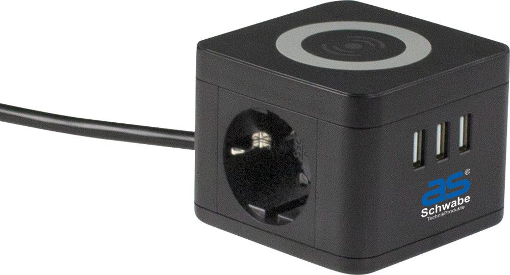 as - Schwabe Tischsteckdosen mit Induktionsladefläche, IP20 Steckdosenleiste 2-fach (Ein- / Ausschalter, USB-Anschlüsse, Schalterbeleuchtung, Schutzkontaktstecker, Kabellänge 1,5 m), mit erhöhtem Berührungsschutz und Schalter