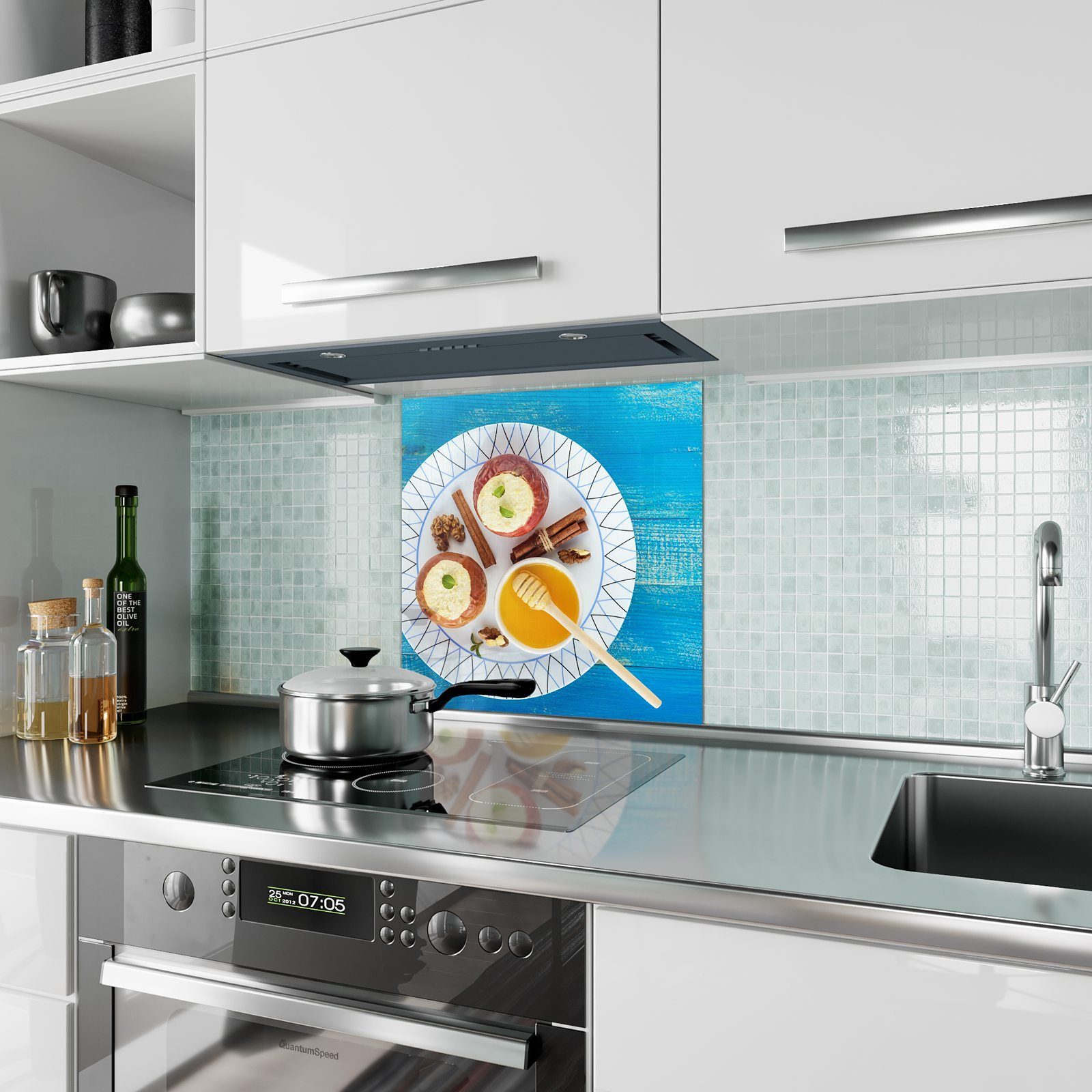 mit Küchenrückwand Hüttenkäse mit Bratapfel Glas Spritzschutz Primedeco Küchenrückwand Motiv