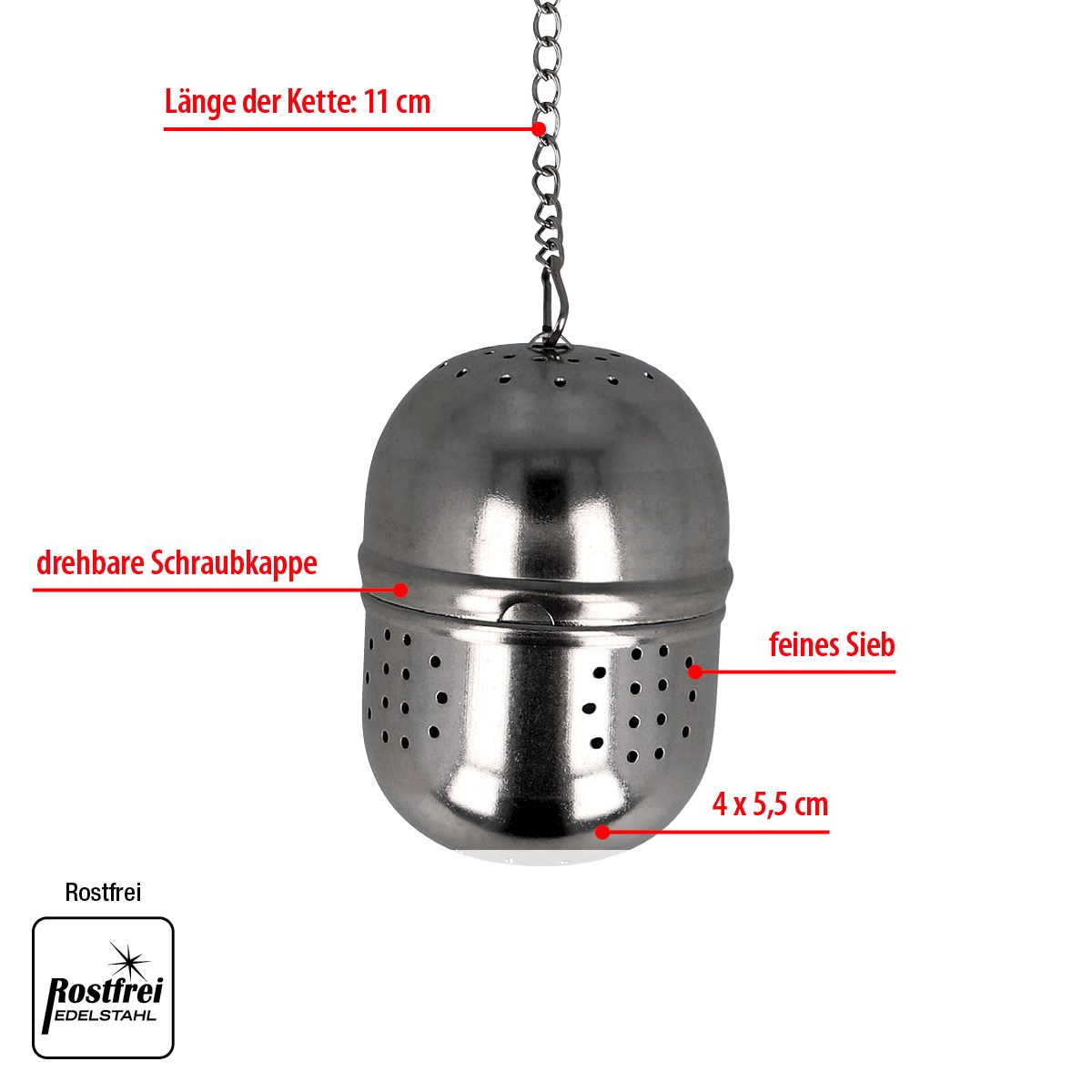 EUROHOME Teesieb Tee Ei mit langer Kette und feinem Sieb, Edelstahl, (1-St., Teesieb 4 x 5,5 cm und Kette 11 cm), Teeei für losen Tee - Teefilter Edelstahl