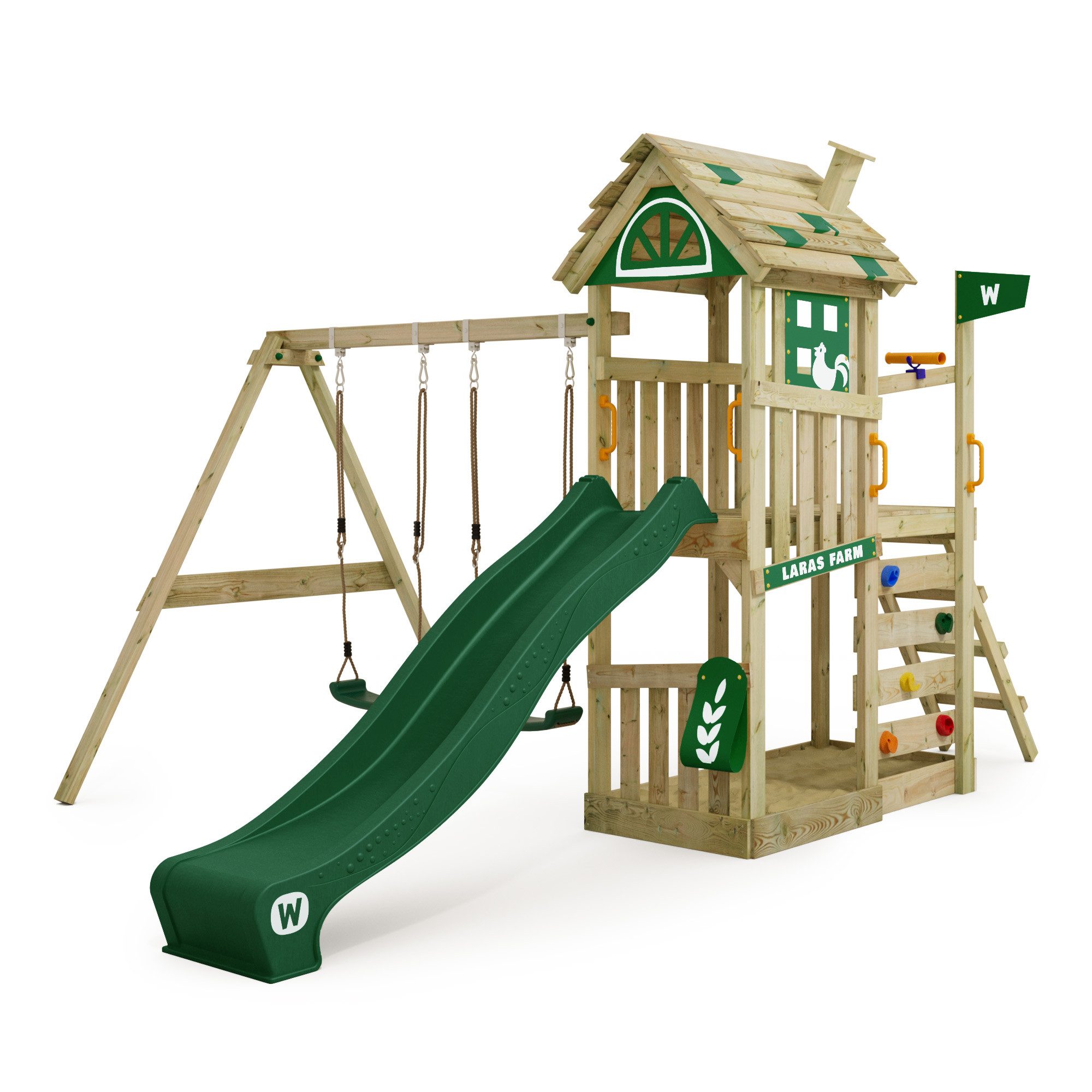 Wickey Spielturm FarmFlyer Spielturm im Farmhausstyle mit Doppelschaukel und Sandkasten, Perfekt für kleine Abenteurer mit 10 Jahren Garantie*